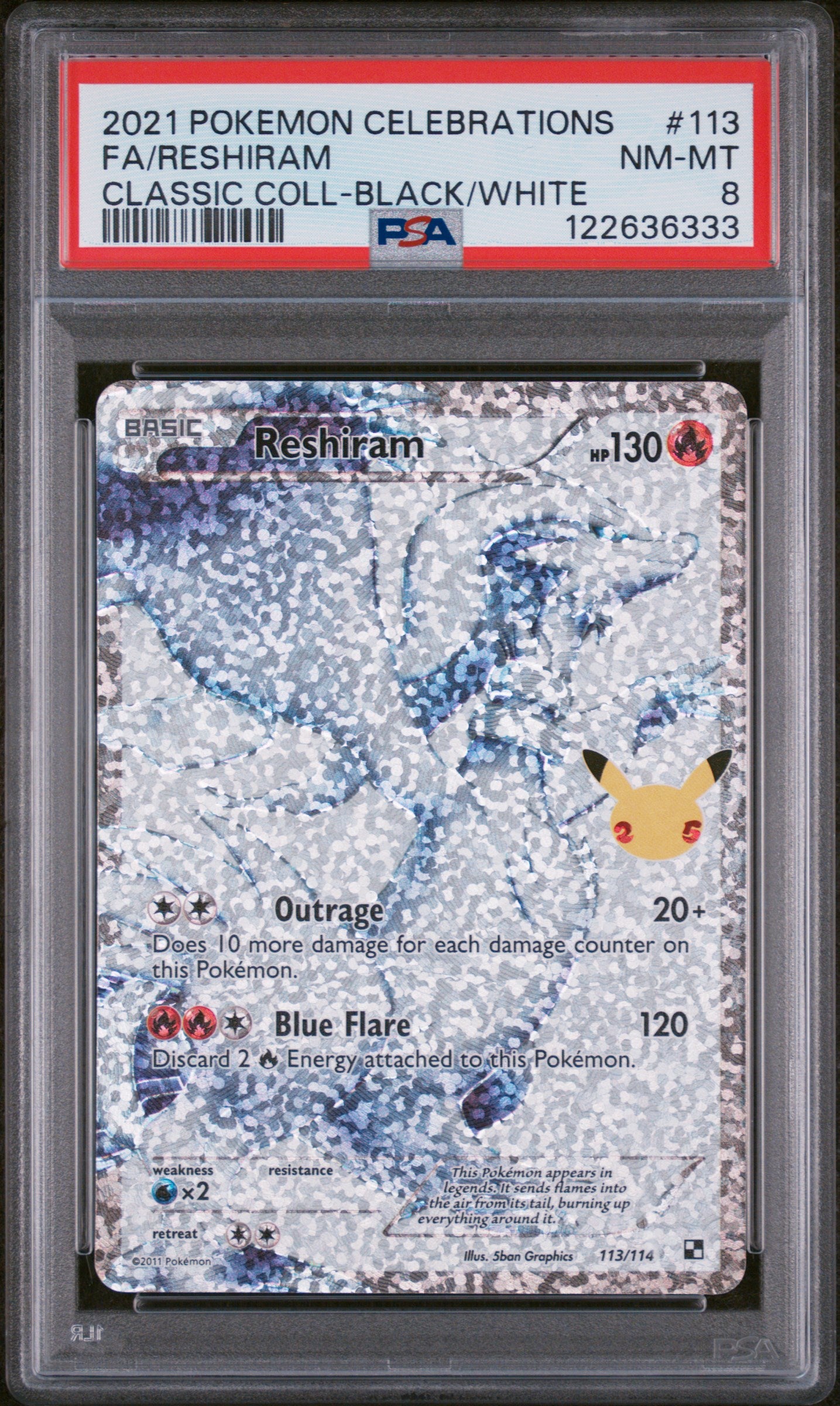 2021 Pokémon Celebrations Classic Collection Full Art Reshiram #113/114 PSA 8