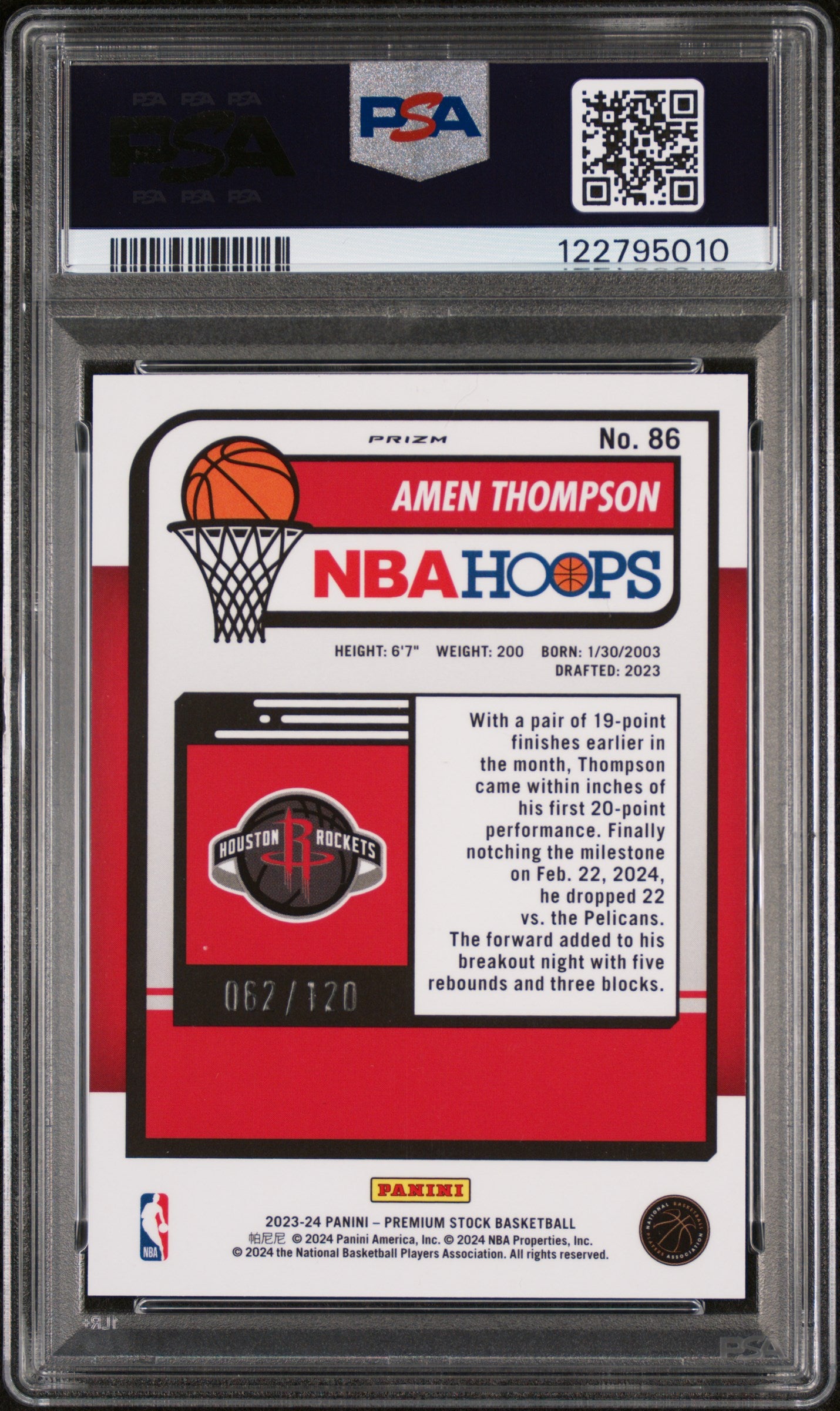 2023 Panini Hoops Premium Stock Blue Prizm Amen Thompson #86 RC /120 PSA 10