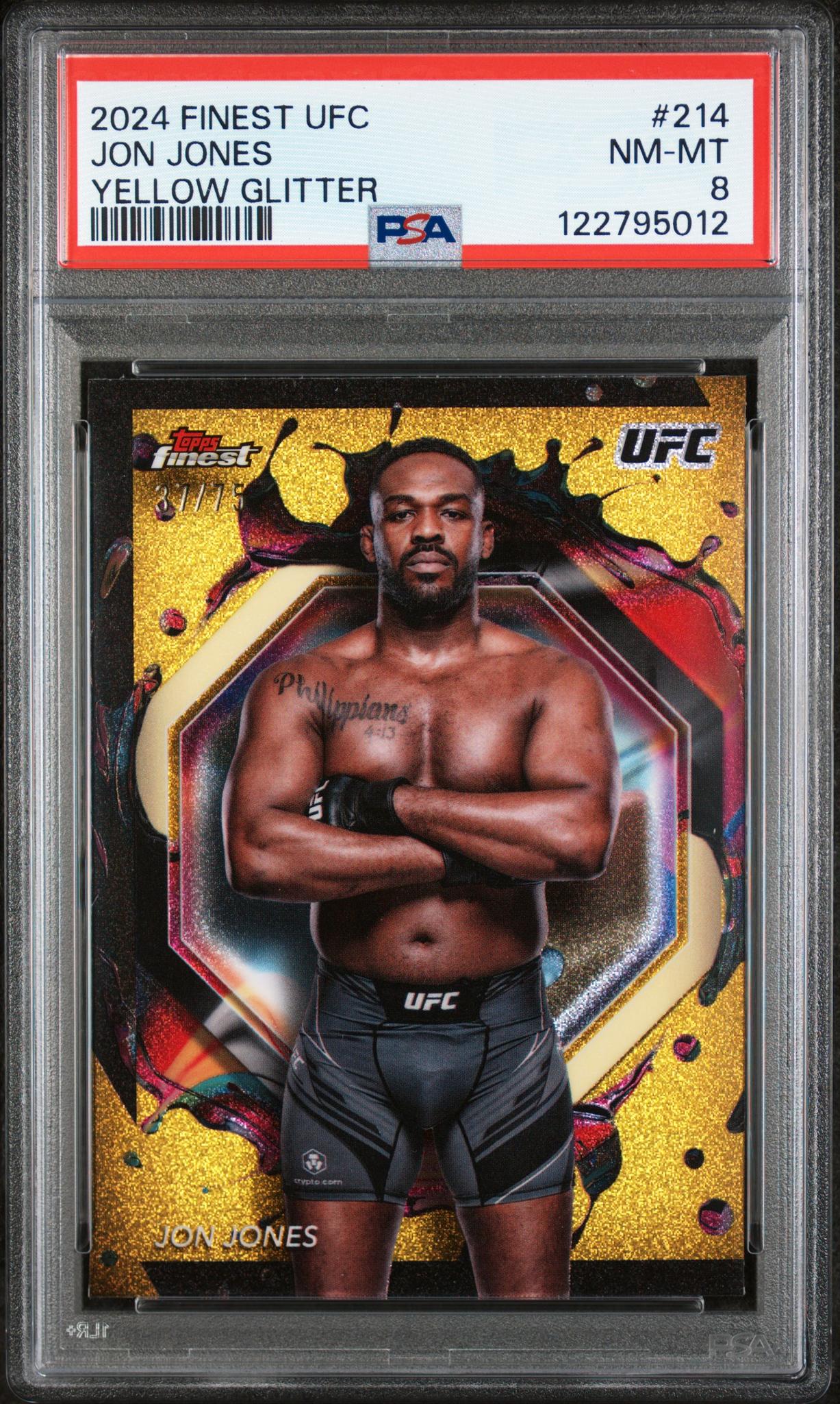 2024 Topps Finest UFC Yellow Glitter Jon Jones #214 /75 PSA 8