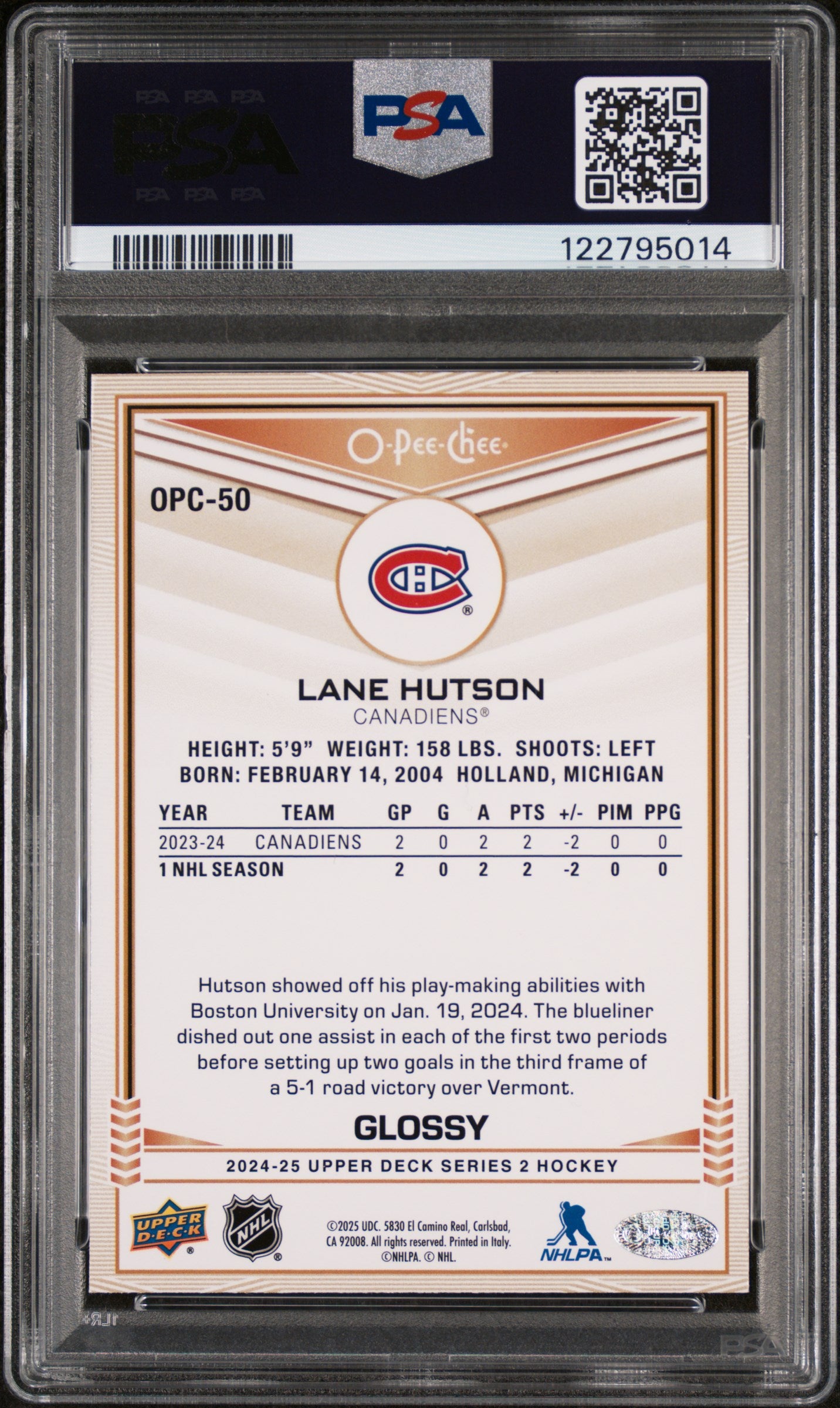 2024 Upper Deck Series 2 O-Pee-Chee Glossy Lane Hutson #OPC50 PSA 9