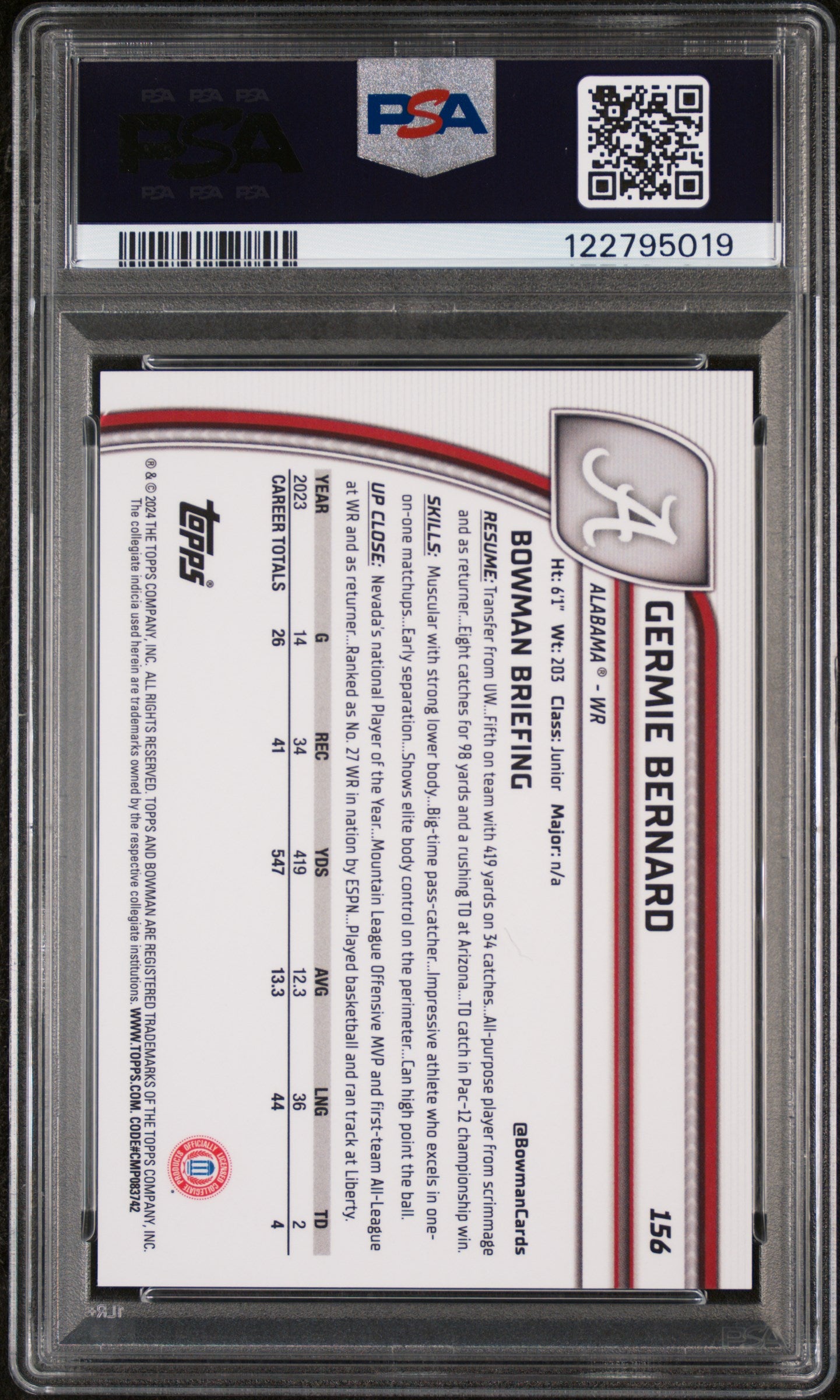 2024 Topps Bowman U Chrome Gold Refractor Germie Bernard #156 /50 PSA 9