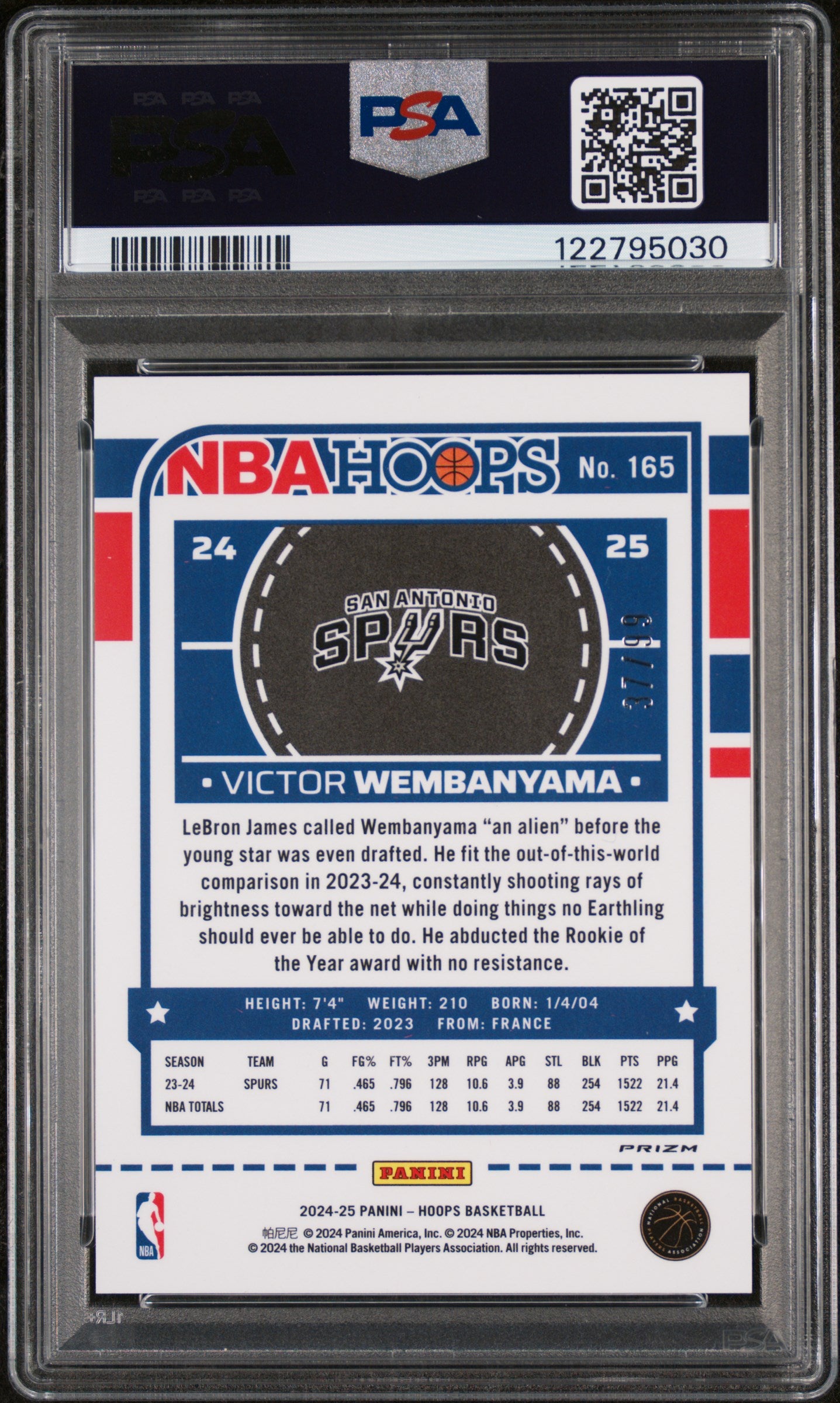 2024 Panini Hoops Premium Prizms Blue Wave Victor Wembanyama #165 PSA 9