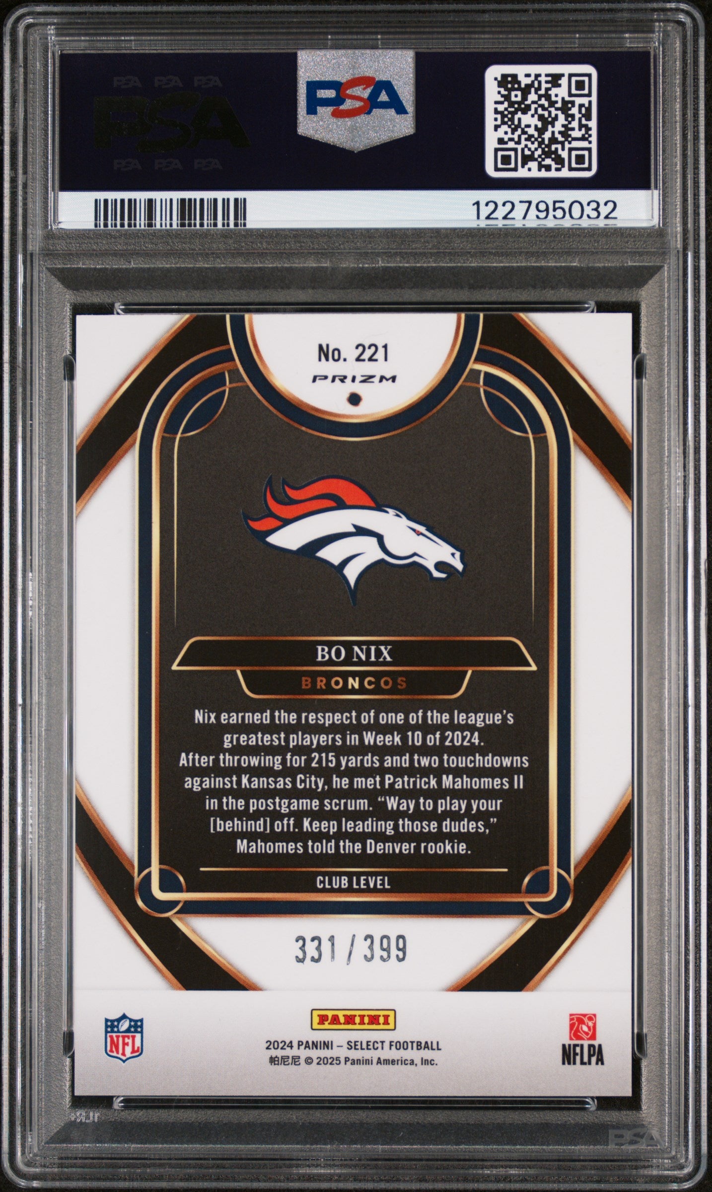 2024 Panini Select Football Orange Shock Bo Nix #221 RC Prizm /399 PSA 10