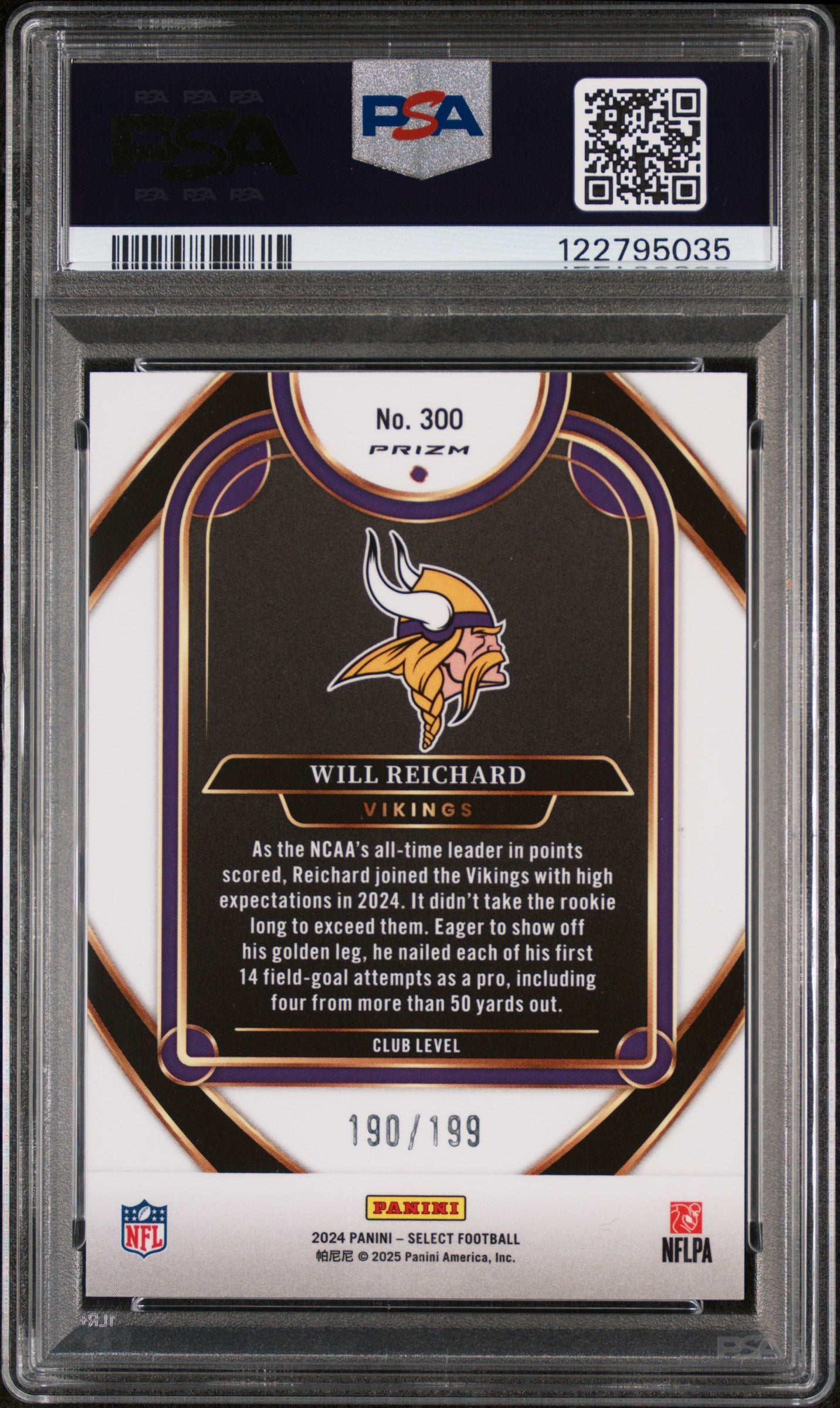 2024 Panini Select White Shock Will Reichard #300 RC Prizm /199 PSA 9