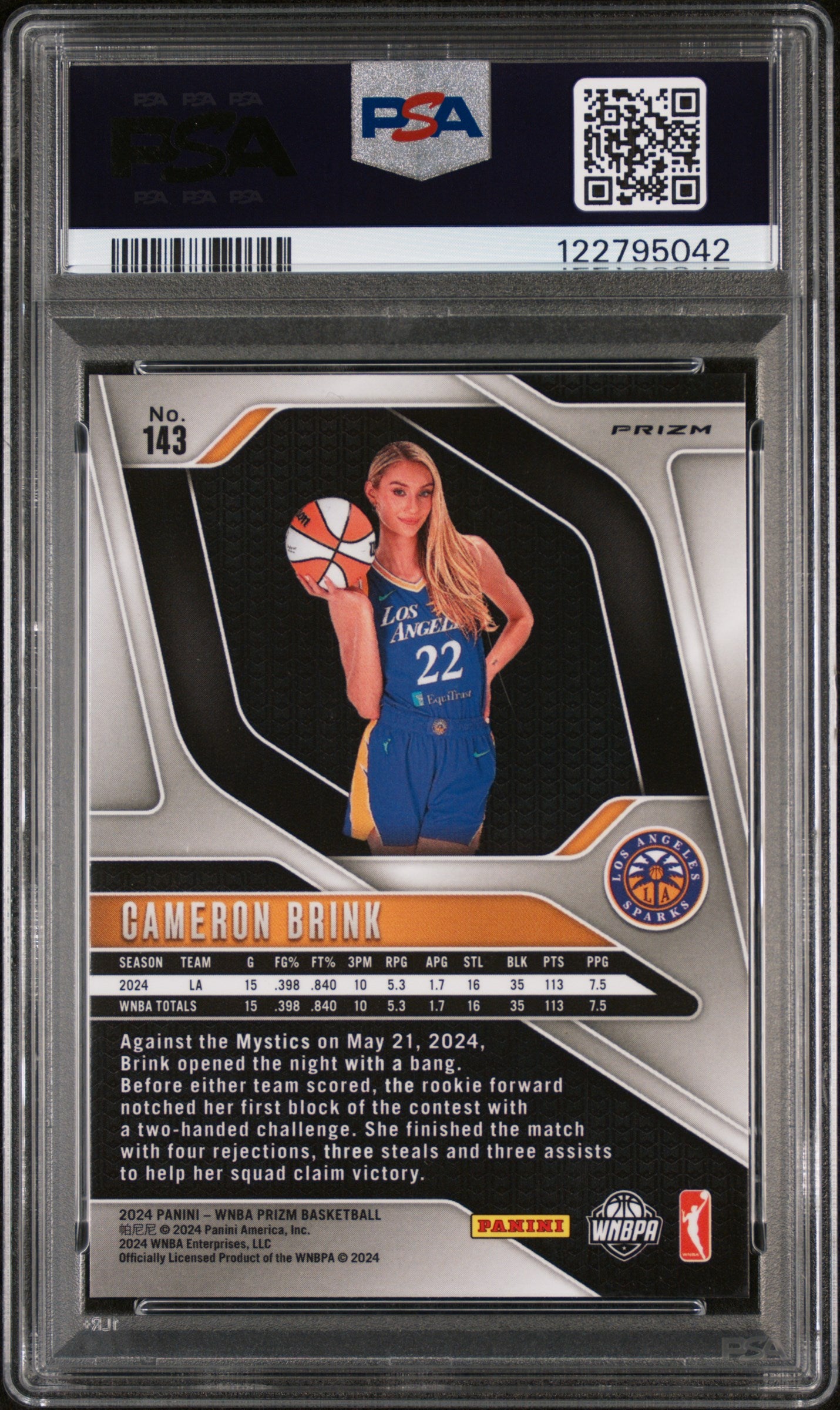 2024 Panini Prizm WNBA Blue Velocity Cameron Brink #143 RC PSA 9