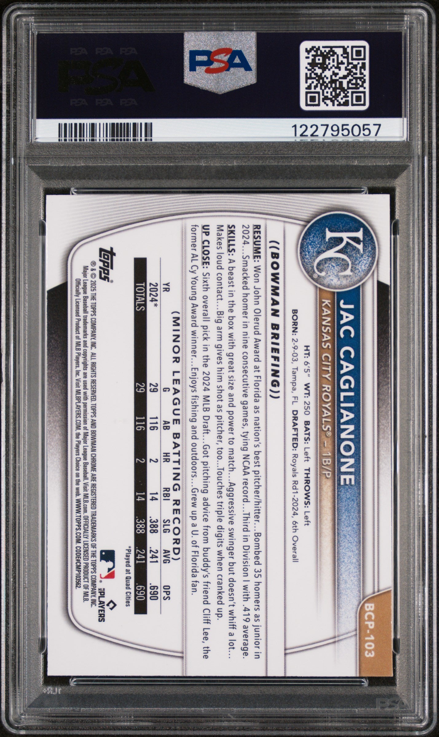 2025 Bowman Chrome Mega Box Mojo Refractor Jac Caglianone #BCP-103 PSA 10