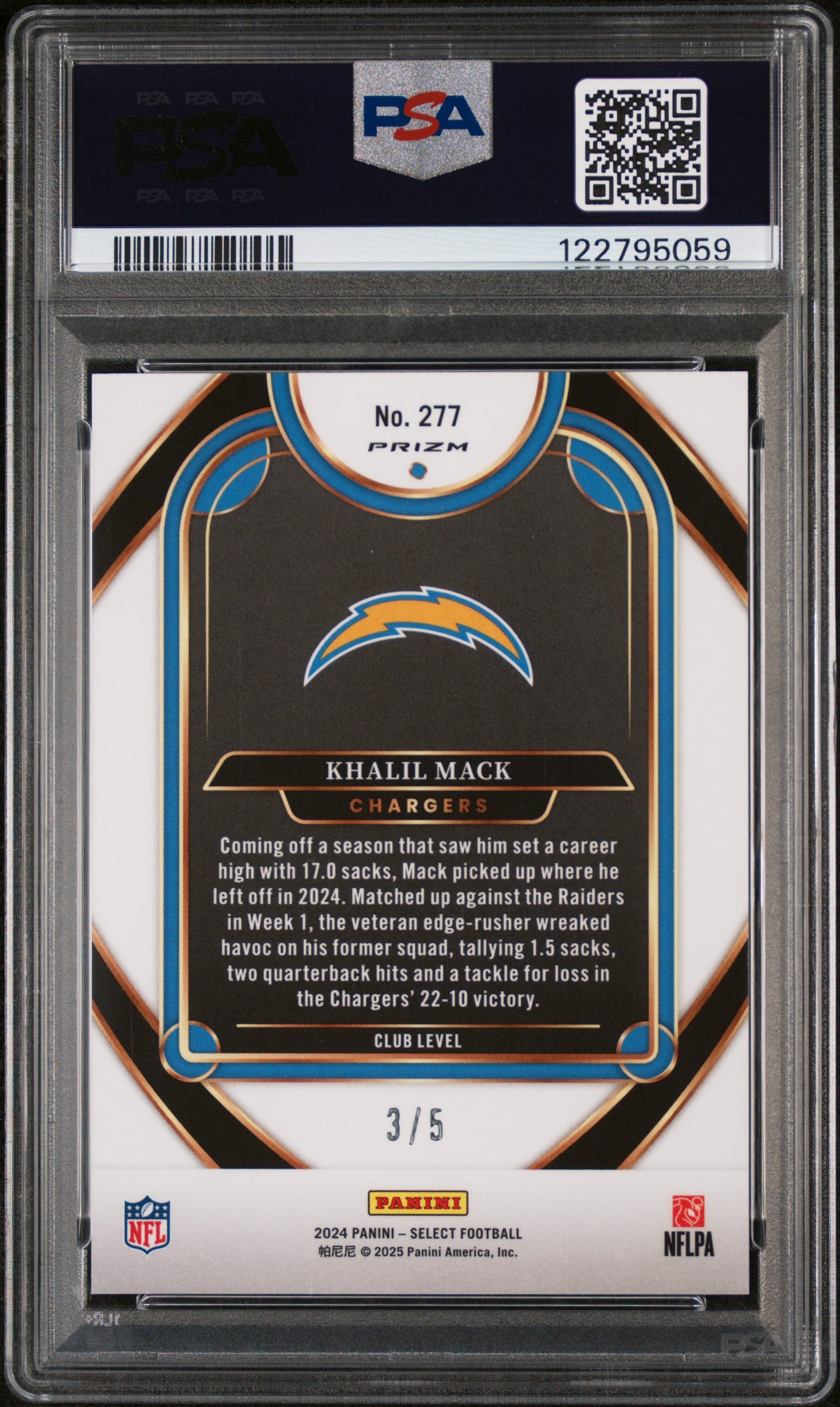 2024 Panini Select Green Prizm Khalil Mack #277 Club Level /5 PSA 10