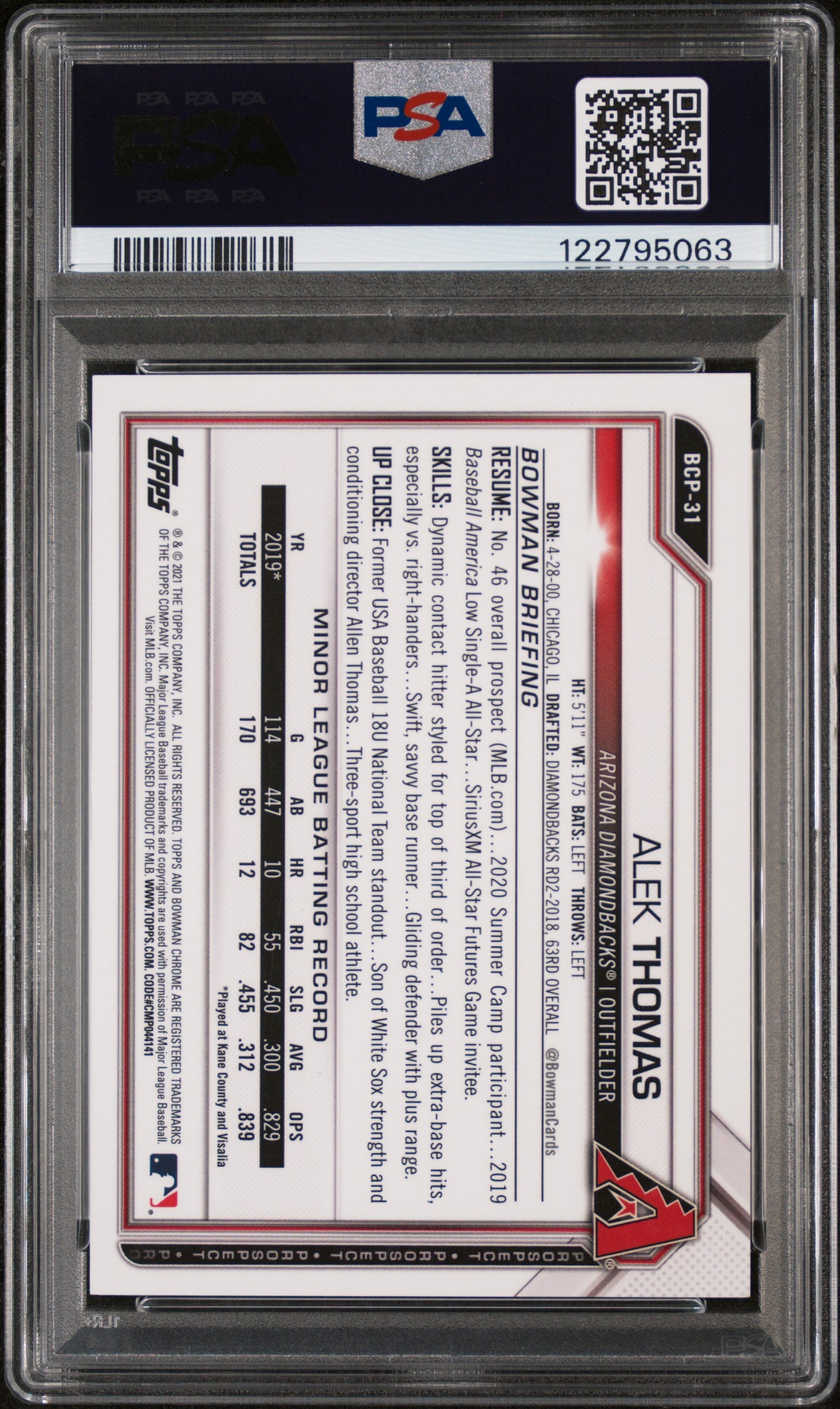 2021 Bowman Chrome Prospects Orange Shimmer Refractor Alek Thomas #BCP31 /25 PSA 8