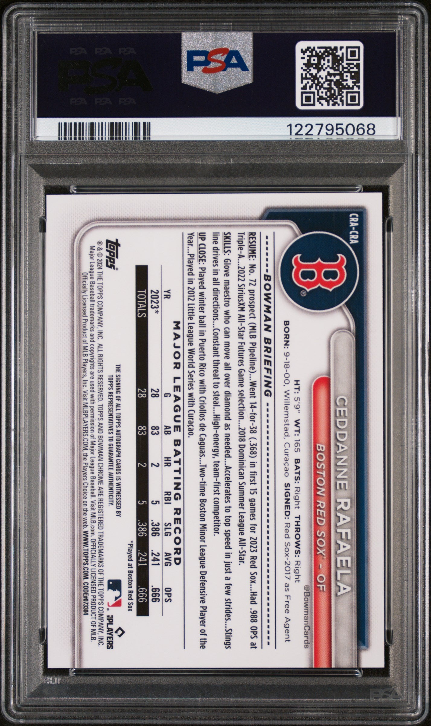 2024 Bowman Chrome Blue Refractor Ceddanne Rafaela #CRA-CRA RC Auto /150 PSA 10