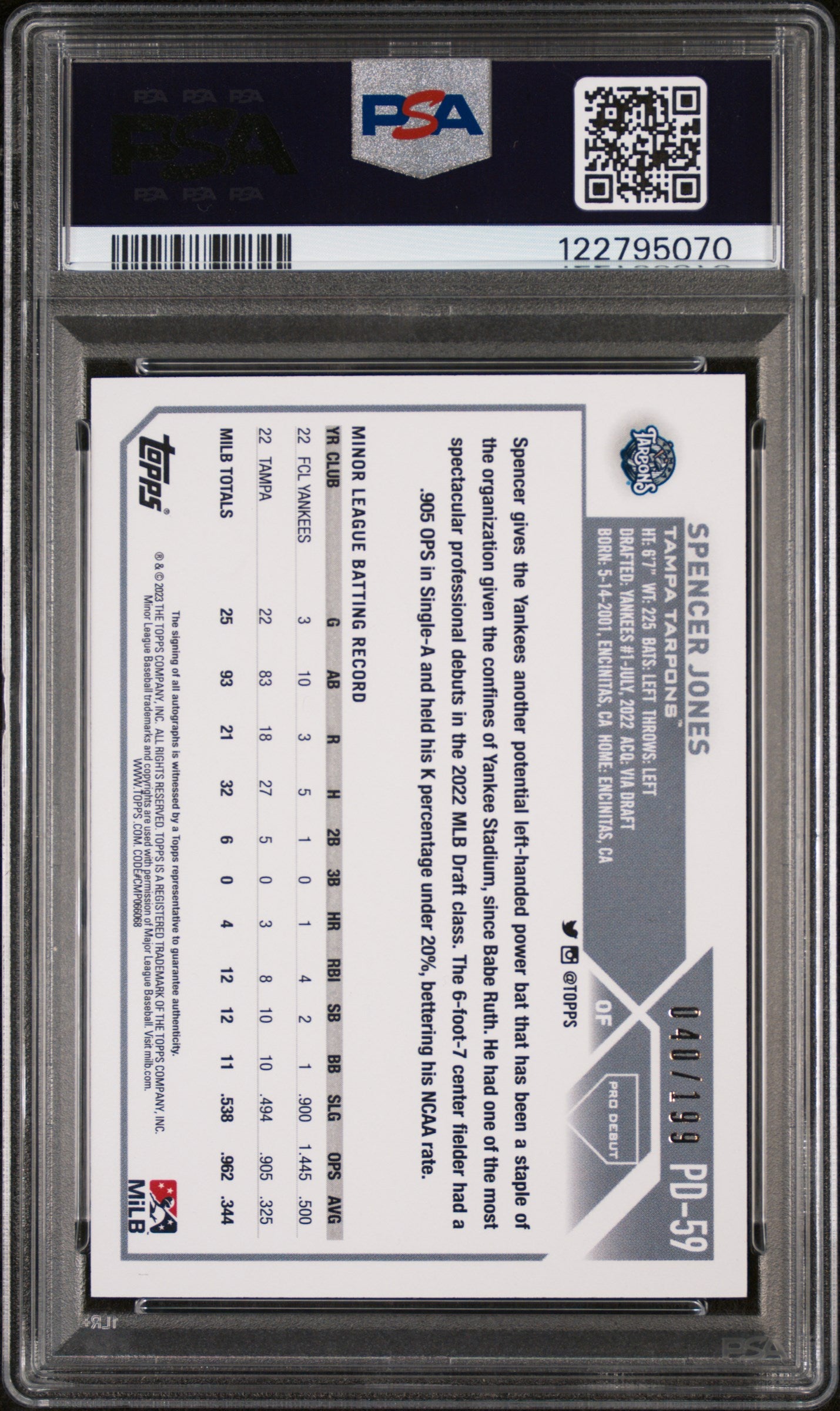 2023 Topps Pro Debut Autograph-Sparkle Foil Spencer Jones #PD59 /199 PSA 10