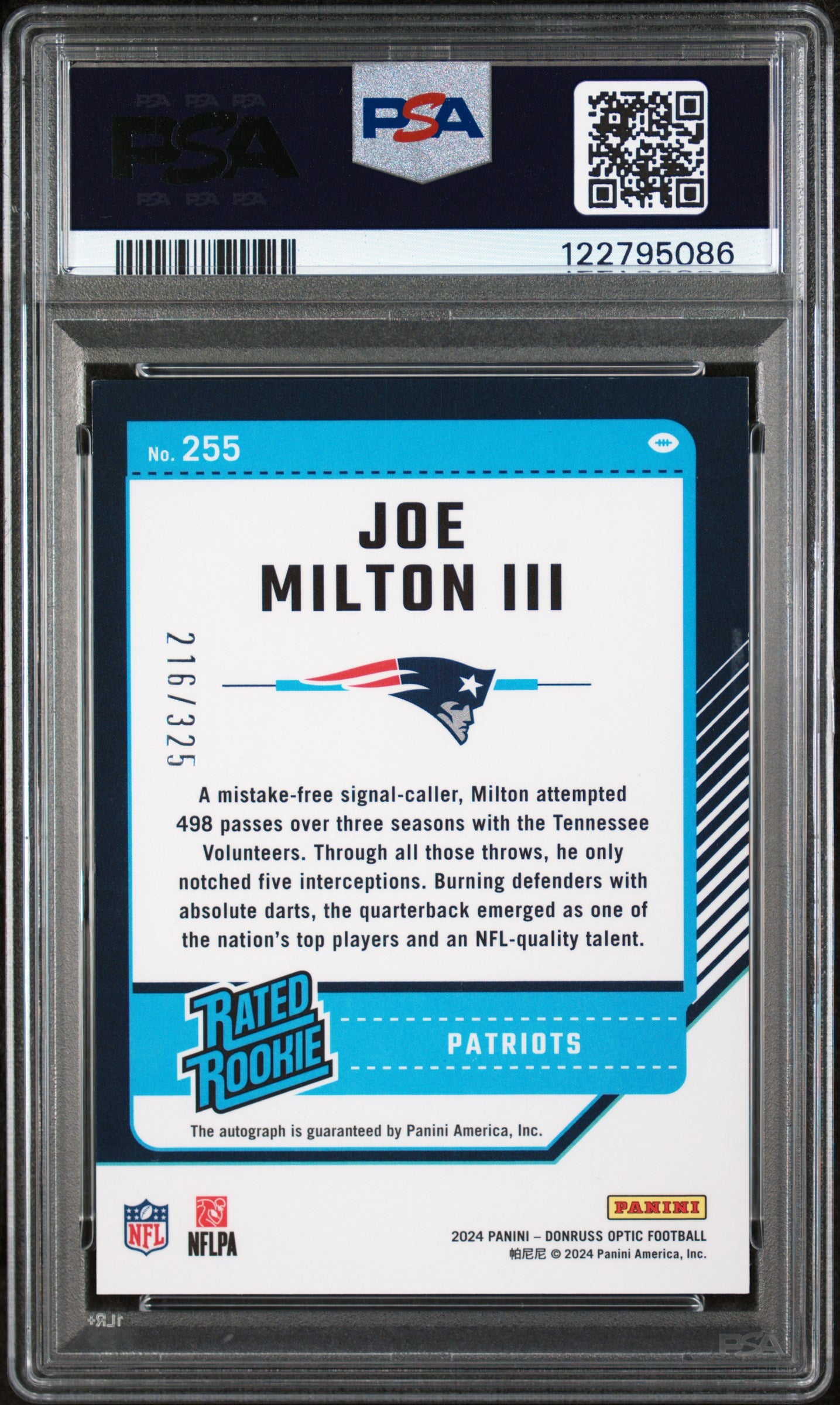 2024 Donruss Optic Rated Rookies Rps Autographs Joe Milton III #255 /325 PSA 8