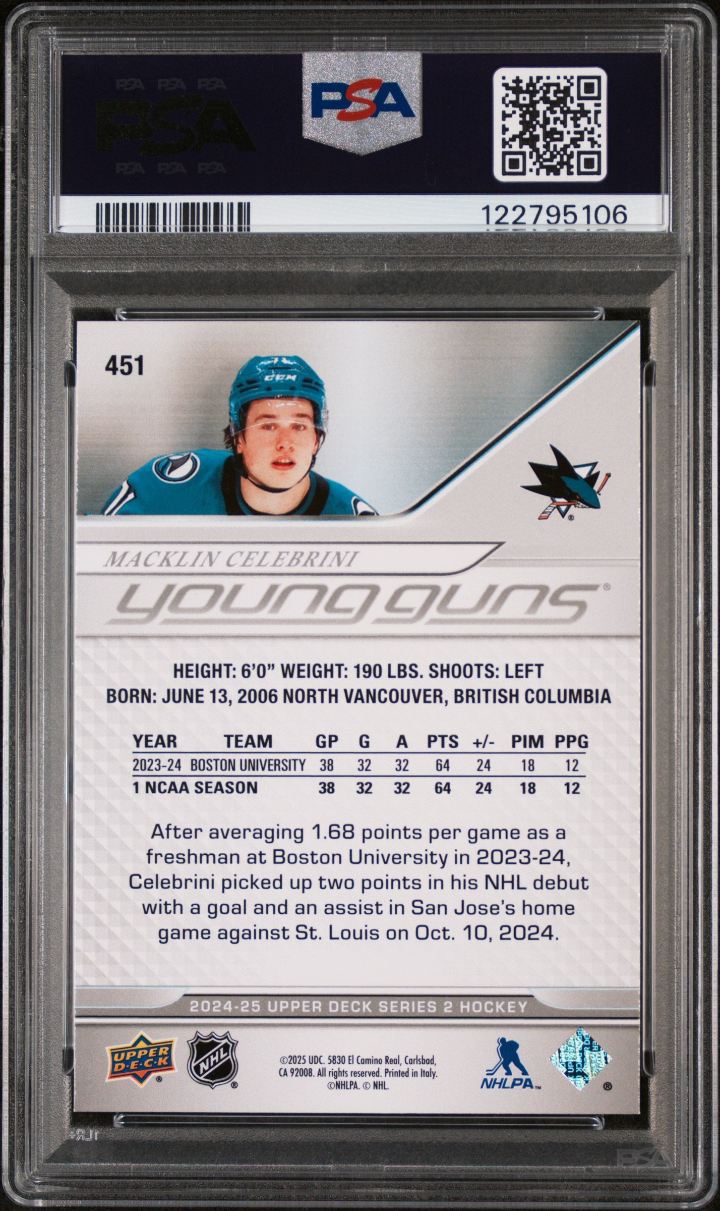 2024-25 Upper Deck Series 2 Young Guns Macklin Celebrini #451 RC PSA 9