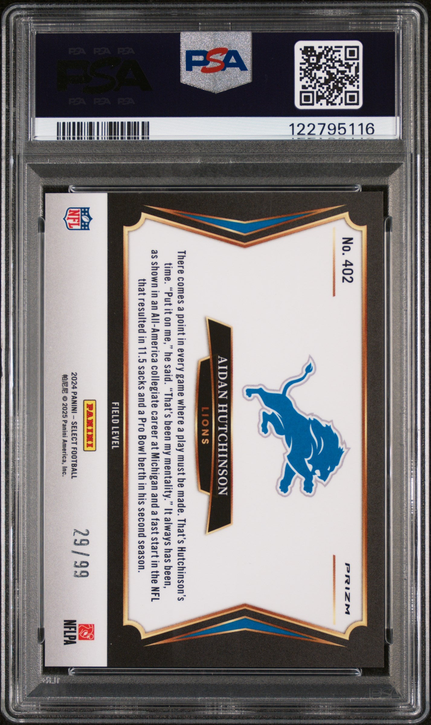 2024 Panini Select Tri-Color Prizm Aidan Hutchinson #402 Field Level /99 PSA 10