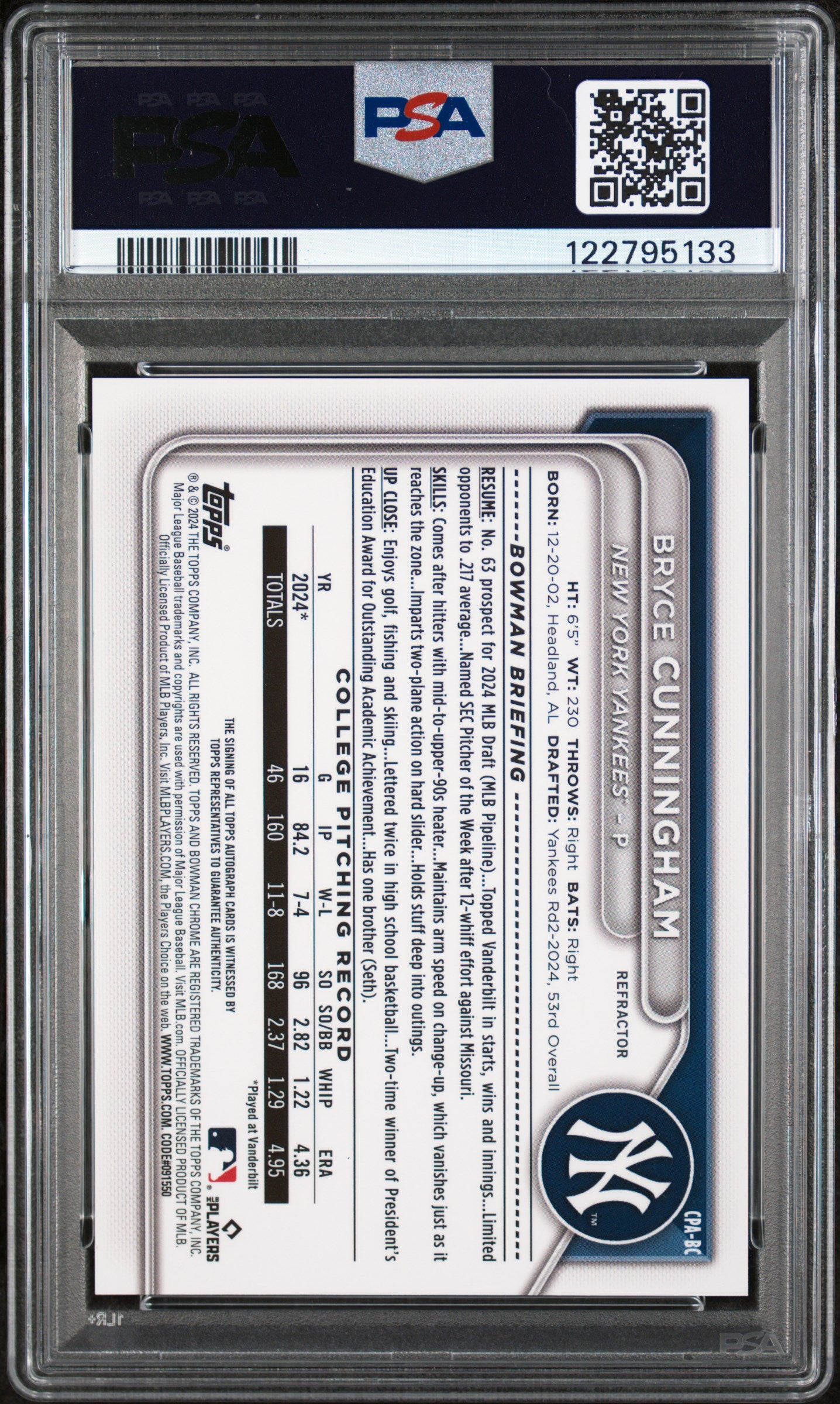 2024 Bowman #CPABC Bryce Cunningham CHR PROSPECT AU-REFRACTOR /499 PSA 10