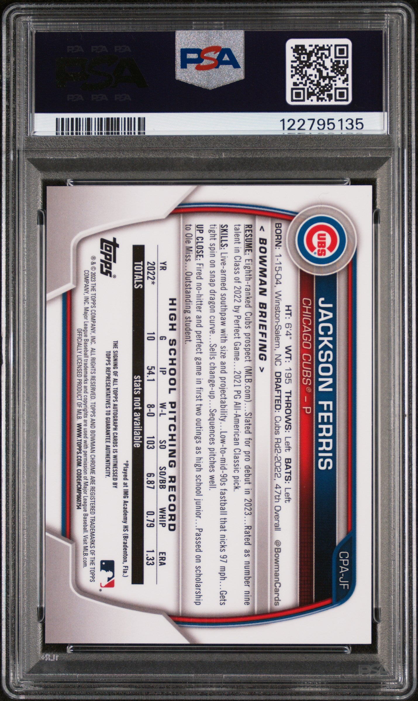 2023 Bowman Chrome Atomic Refractor Jackson Ferris #CPA-JF Auto /100 PSA 10