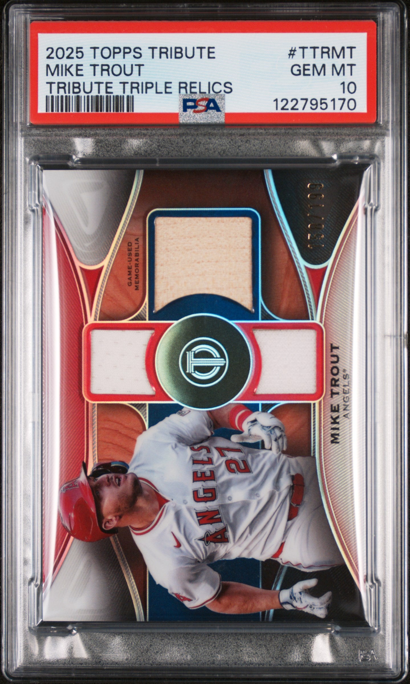 2025 Topps Tribute Triple Relics Mike Trout #TTR-MT Relic /199 PSA 10