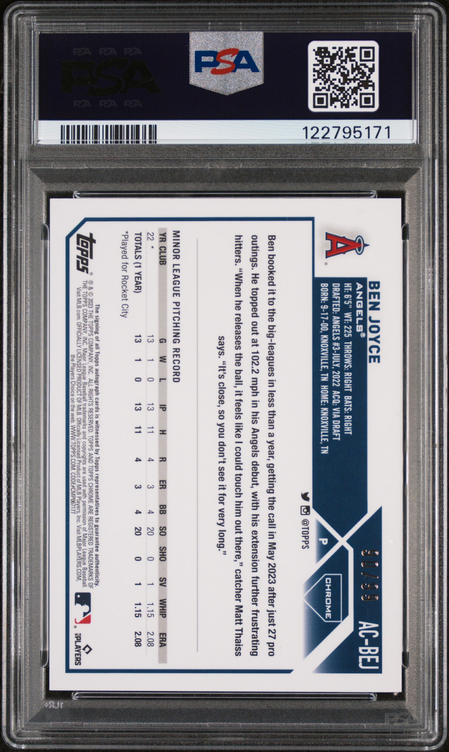 2023 Topps Chrome Update Green Refractor Ben Joyce #AC-BEJ RC Auto /99 PSA 10