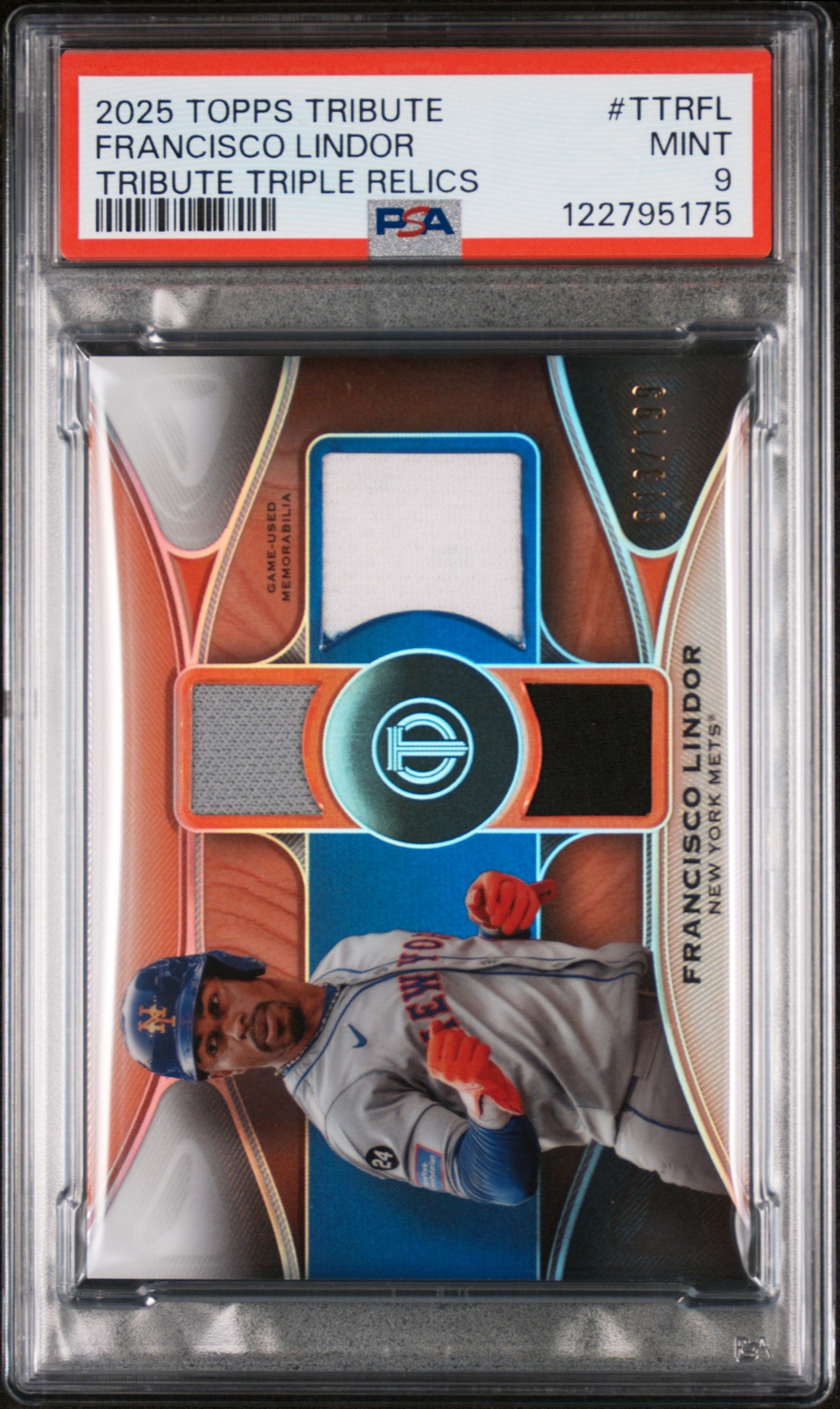 2025 Topps Tribute Tribute Triple Relics Francisco Lindor #TR-FL /199 PSA 9