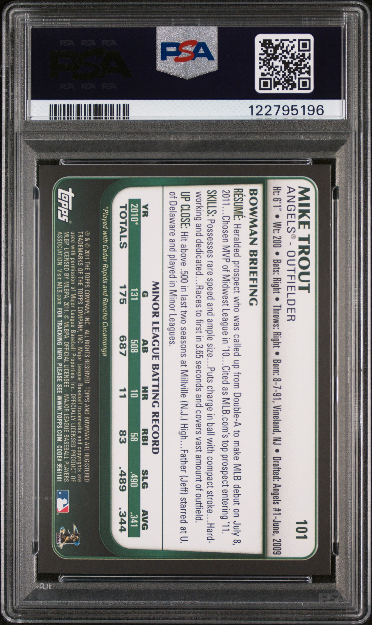 2011 Bowman Draft Mike Trout #101 RC PSA 7