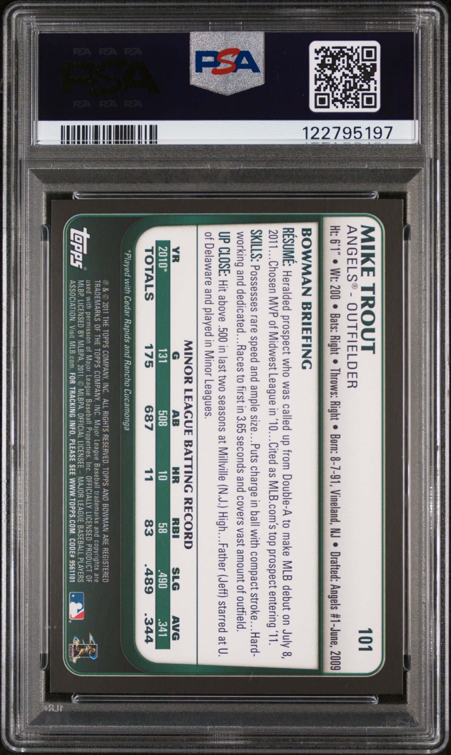 2011 Bowman Draft Mike Trout #101 RC PSA 8