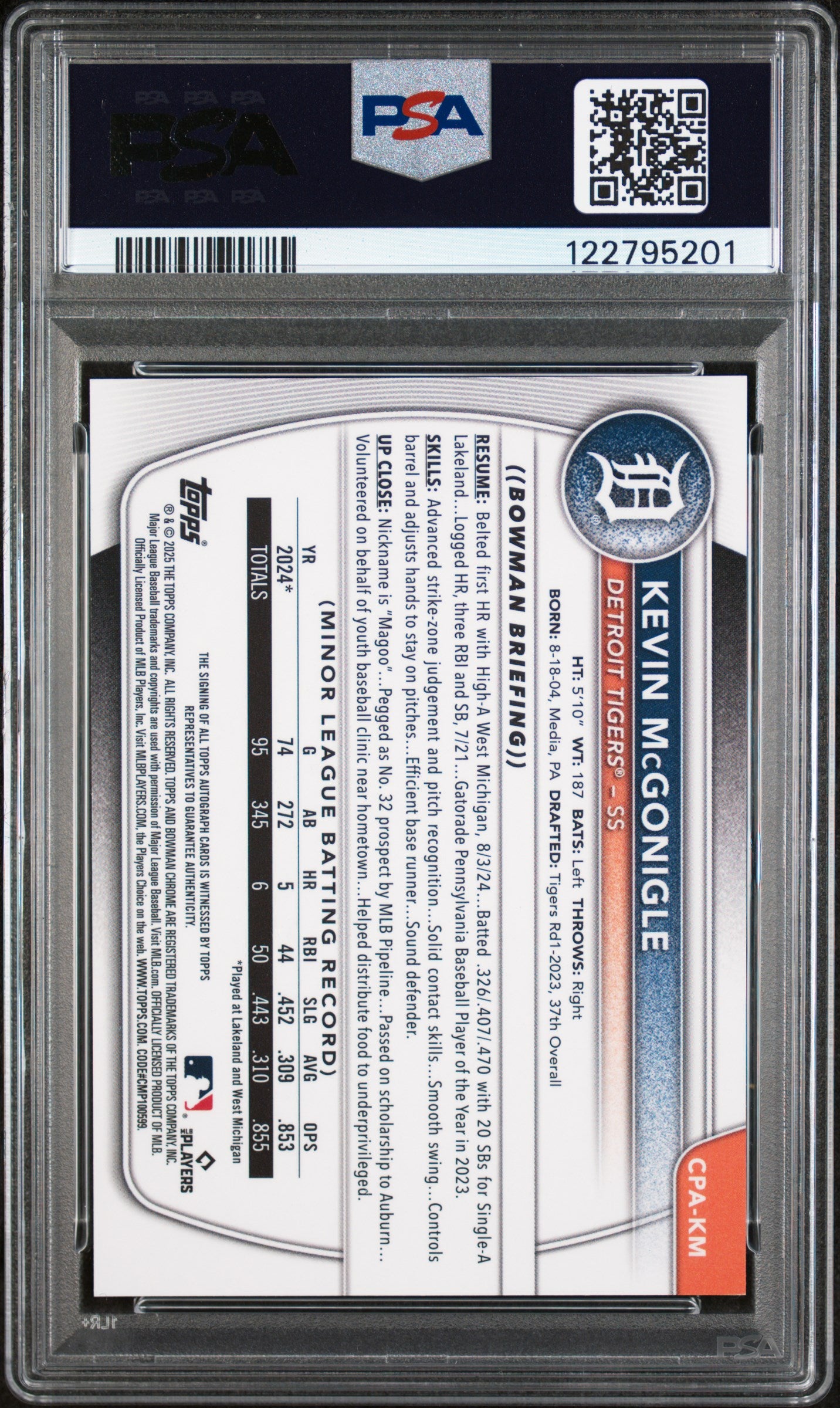 2025 Bowman #CPAKM Kevin McGonigle Chrome Prospect Autograph Auto PSA 8