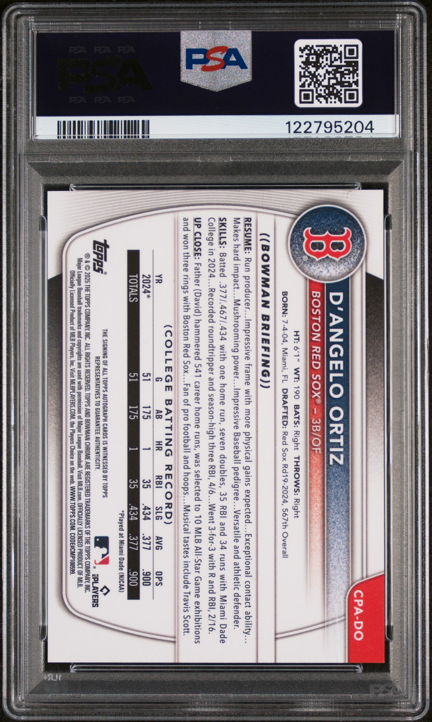 2025 Bowman Chrome Yellow Refractor D'Angelo Ortiz #CPA-DO Auto /75 PSA 9