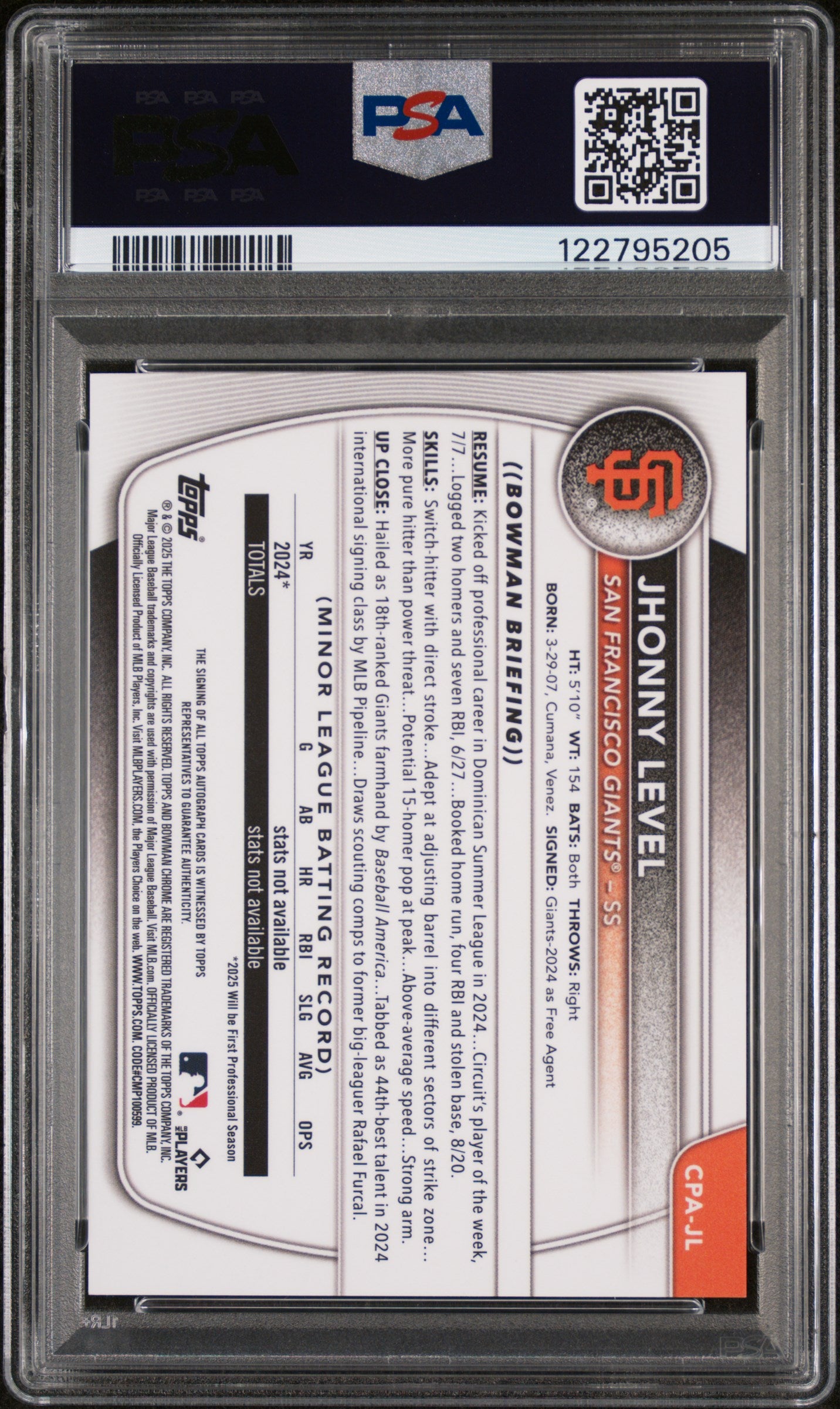 2025 Bowman #CPA-JL Jhonny Level Chrome Prospects /250 PSA 10