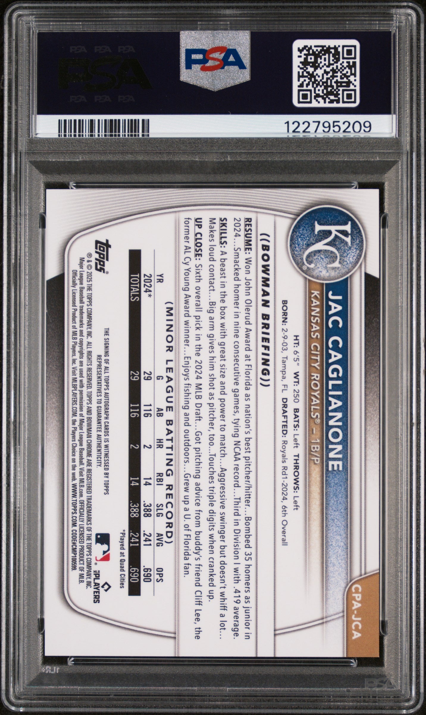 2025 Topps Bowman Chrome Prospect Autograph Jac Caglianone #CPA-JCA Auto PSA 9