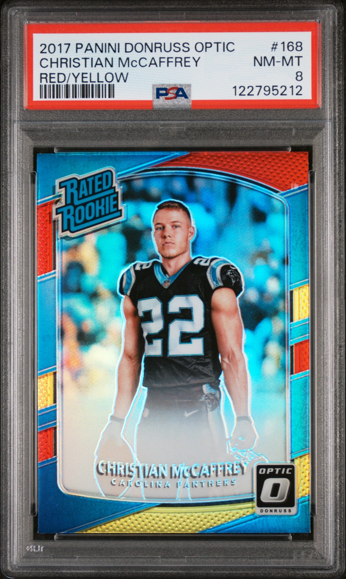 2017 Donruss Optic #168 Christian McCaffrey Rated Rookie PSA 8
