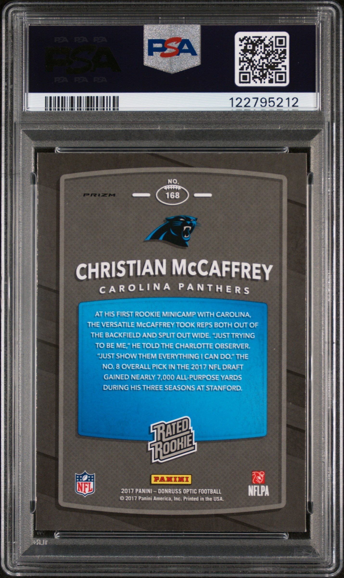 2017 Donruss Optic #168 Christian McCaffrey Rated Rookie PSA 8