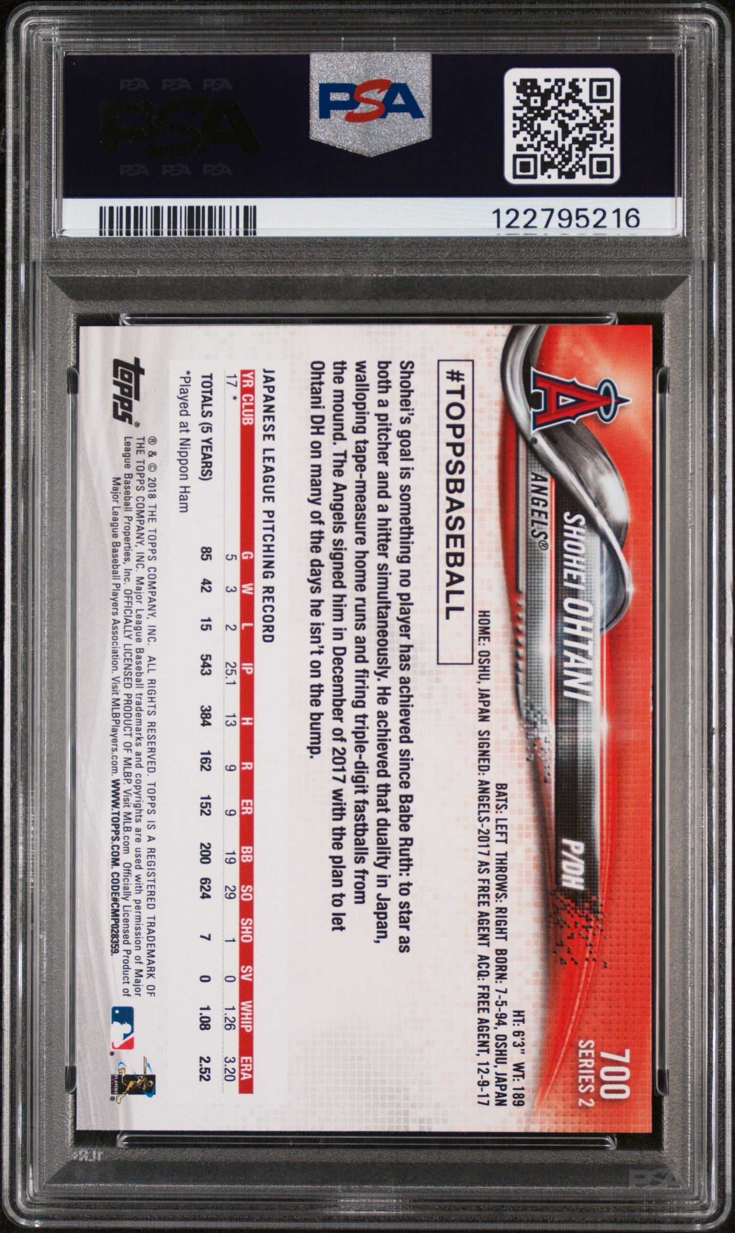 2018 Topps Series 2 Shohei Ohtani #700 RC PSA 9