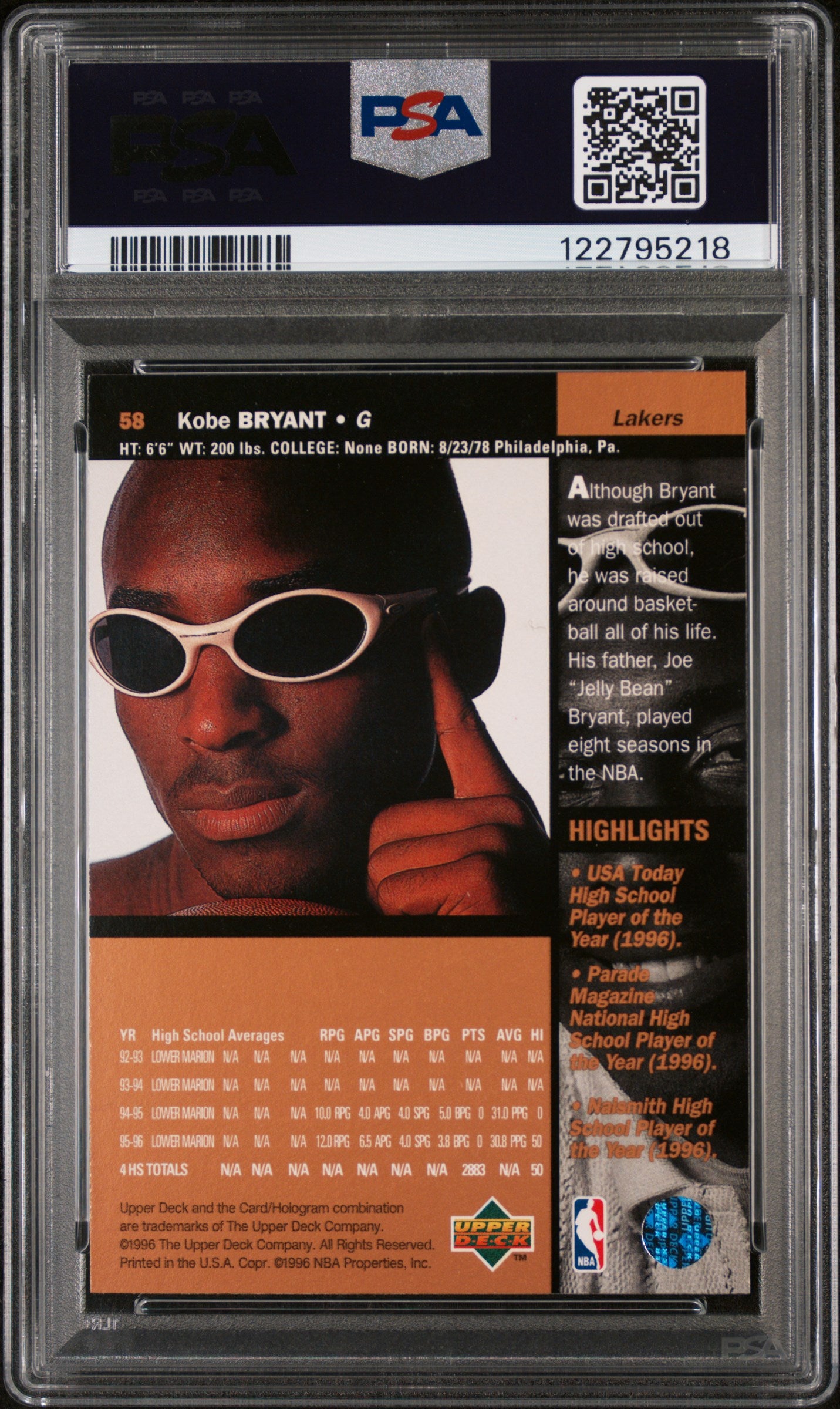 1996 Upper Deck Kobe Bryant #58 RC PSA 8