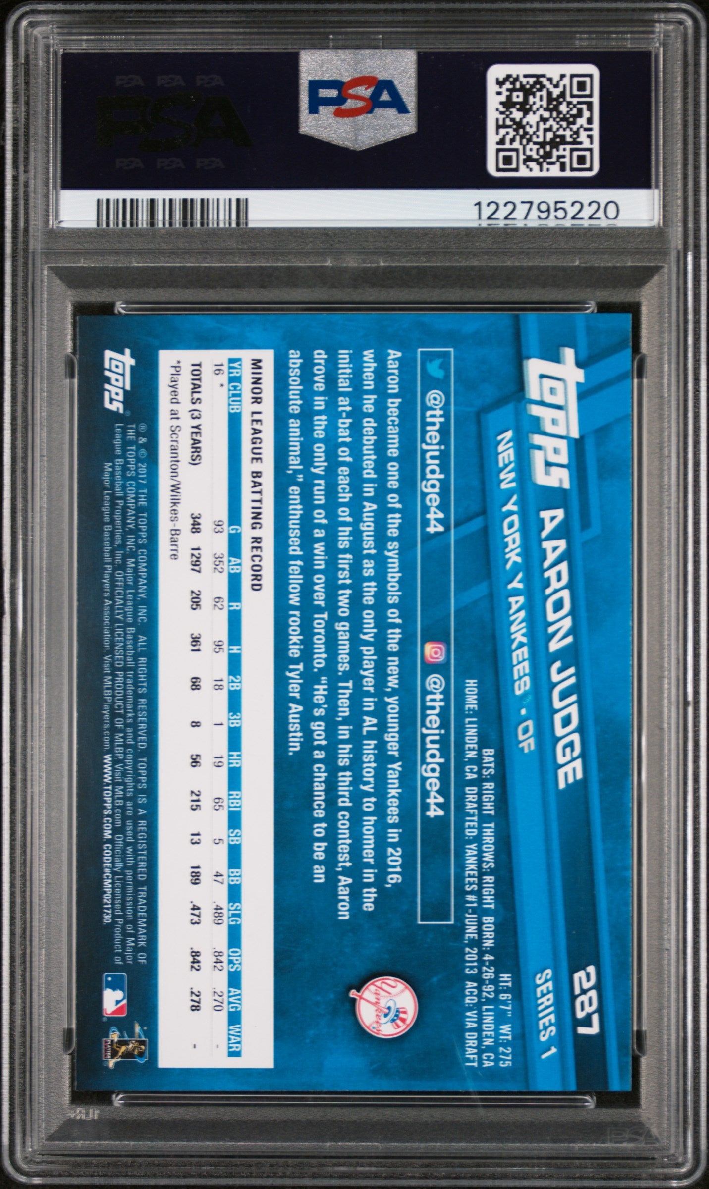 2017 Topps Series 1 Aaron Judge #287 RC PSA 9