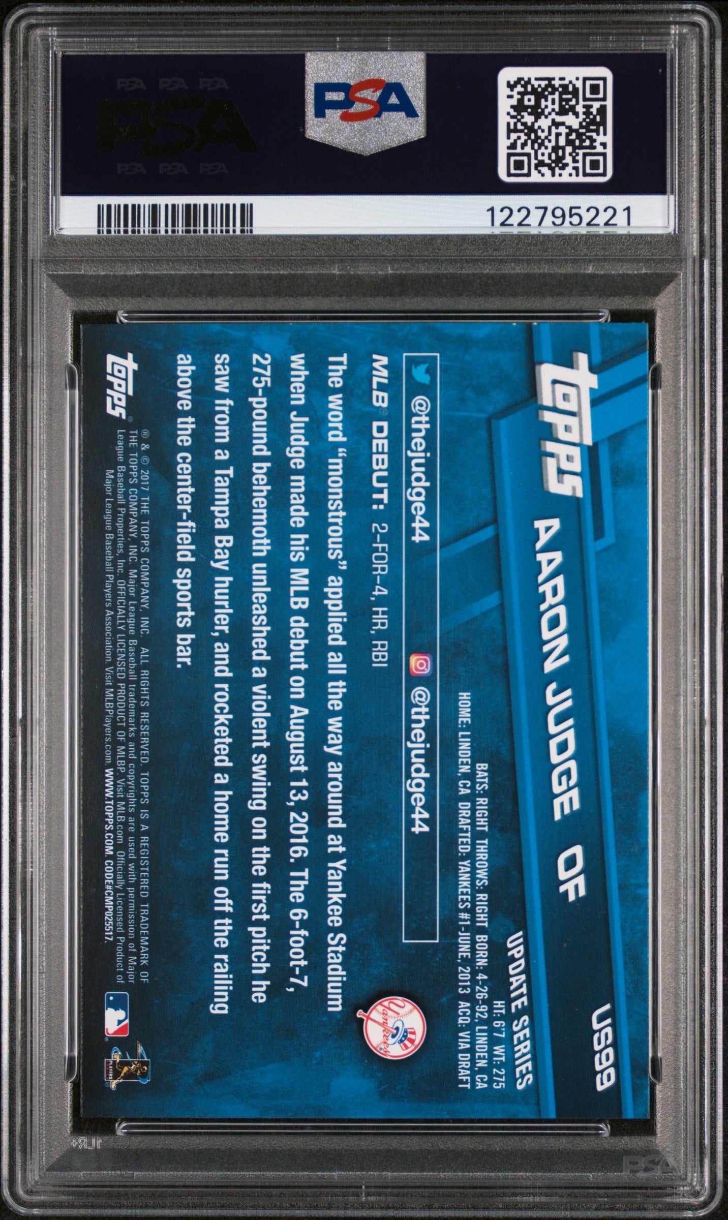 2017 Topps Update Rookie Debut Aaron Judge #US99 RC PSA 10