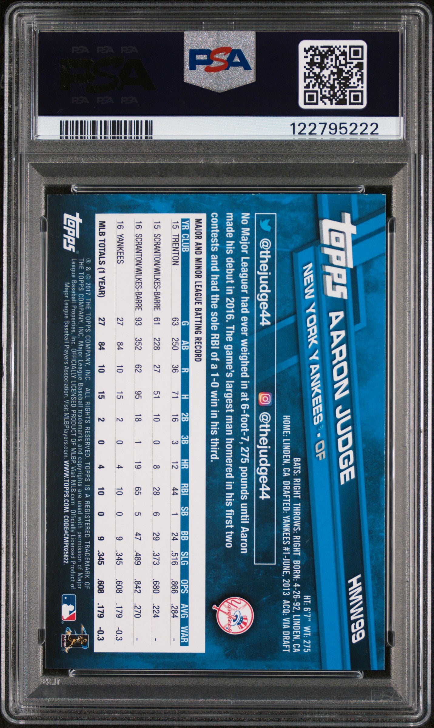 2017 Topps Holiday Aaron Judge #HMW99 RC PSA 9