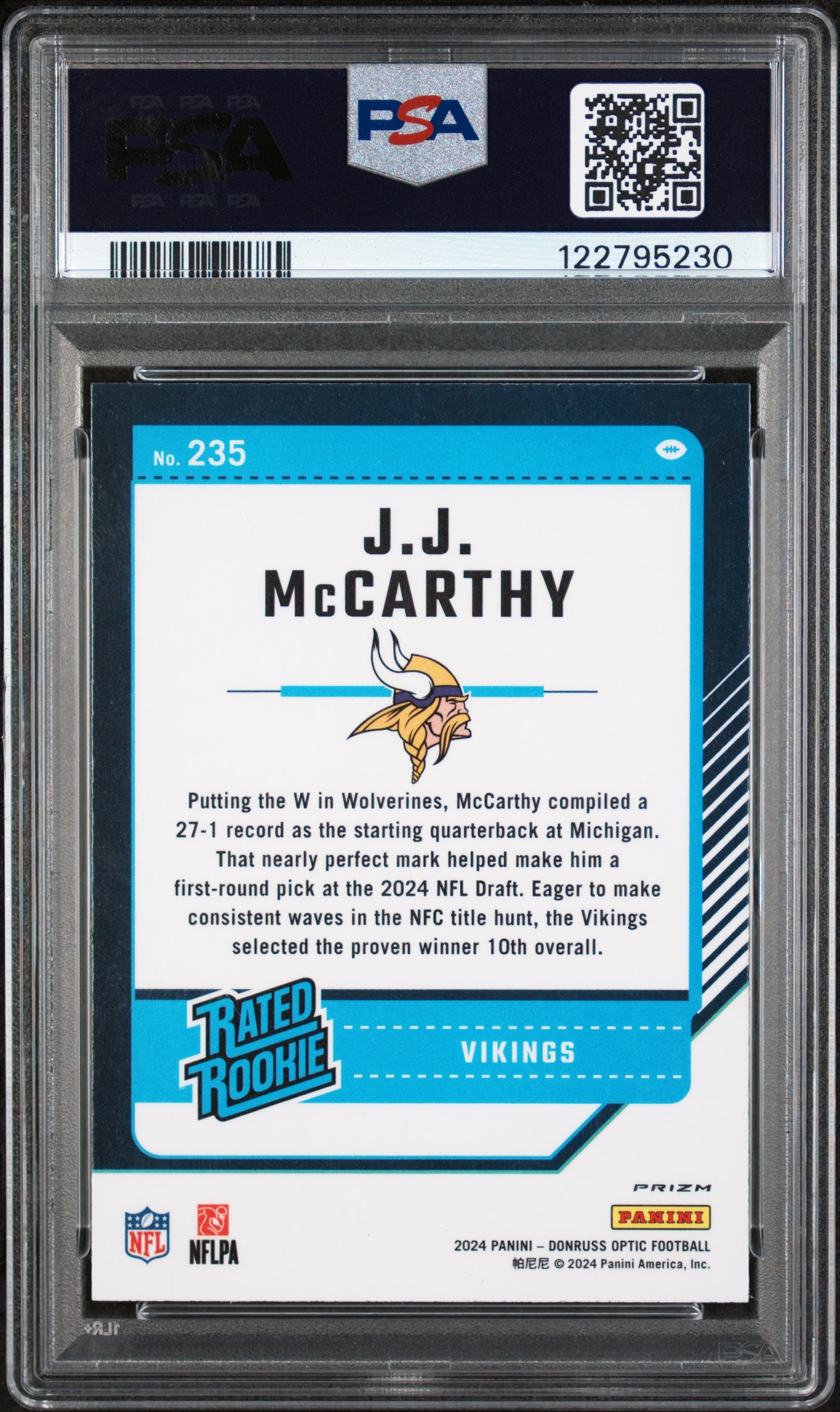 2024 Donruss Optic Rated Rookie Holo JJ Mccarthy #235 PSA 8