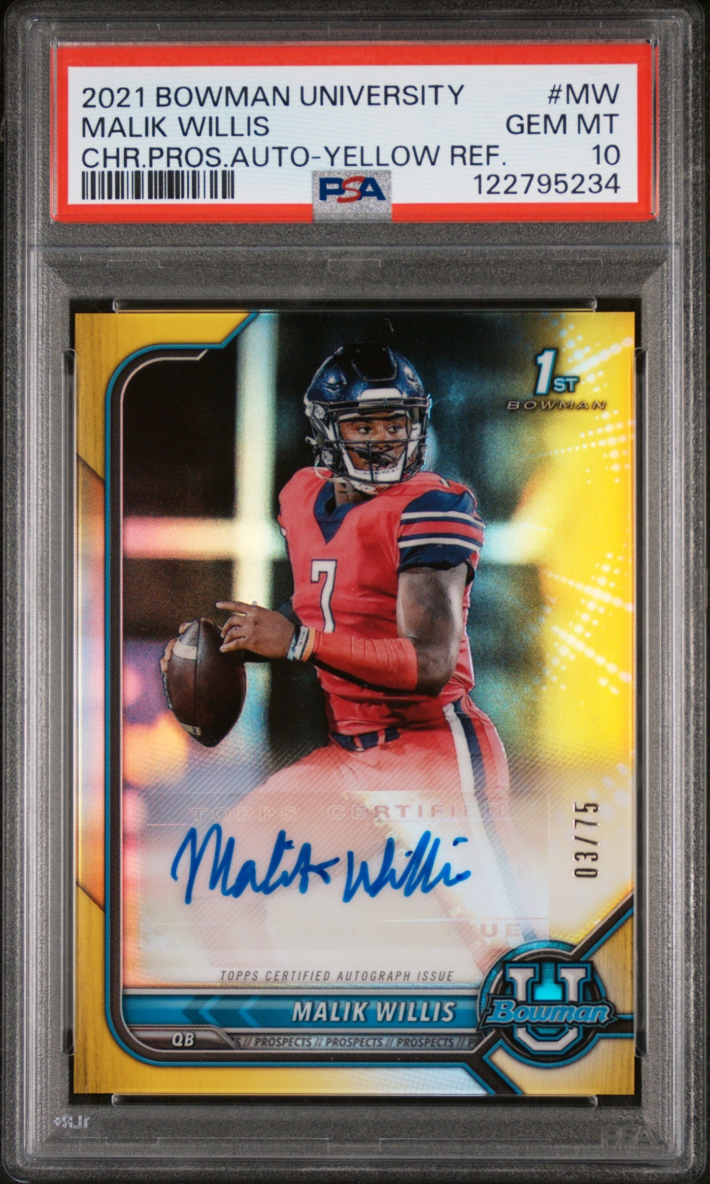 2021 Bowman #MW Malik Willis Chrome Prospect Autograph /75 Auto PSA 10