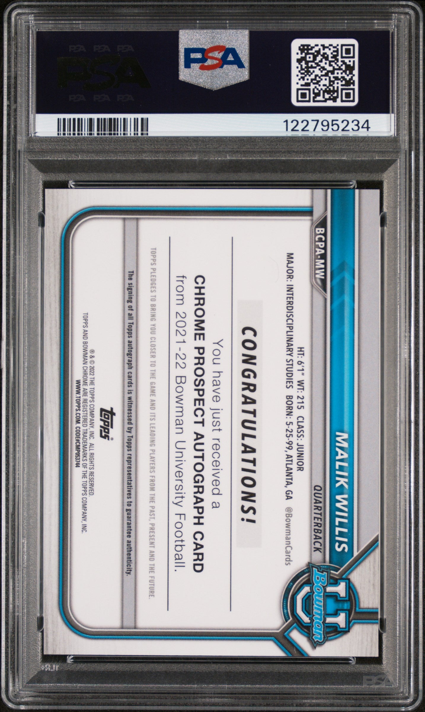 2021 Bowman #MW Malik Willis Chrome Prospect Autograph /75 Auto PSA 10