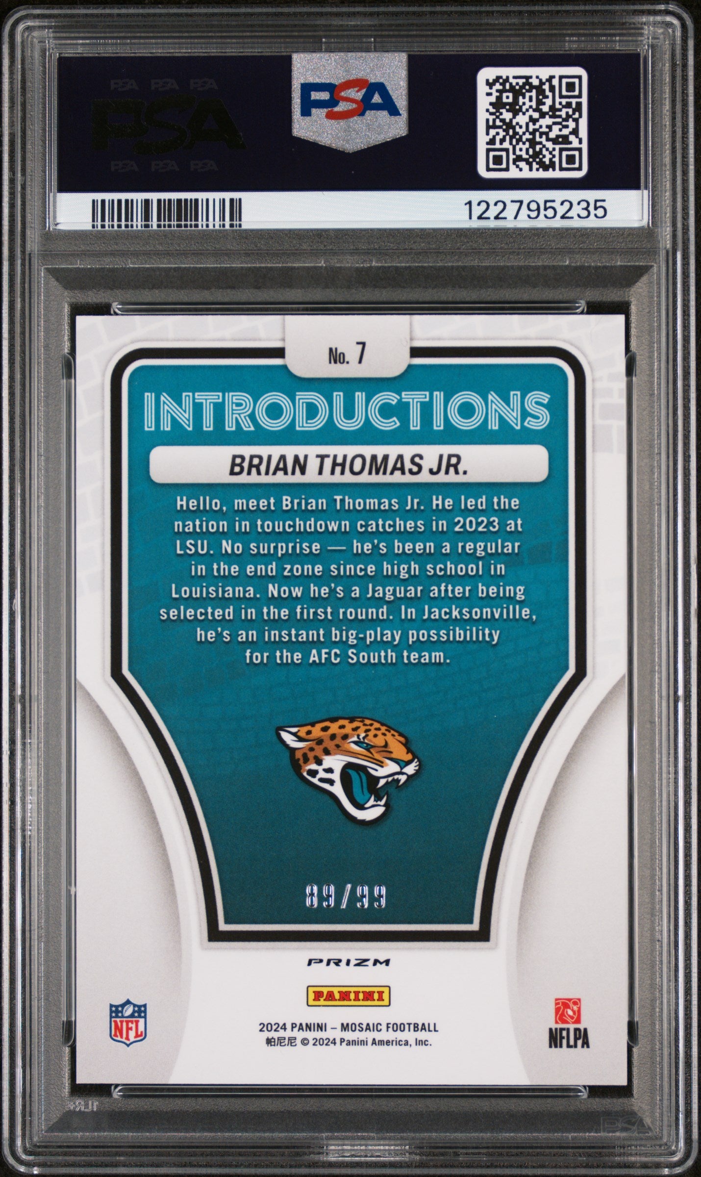 2024 Panini Mosaic Introductions Blue Brian Thomas Jr. #7 RC Prizm /99 PSA 10