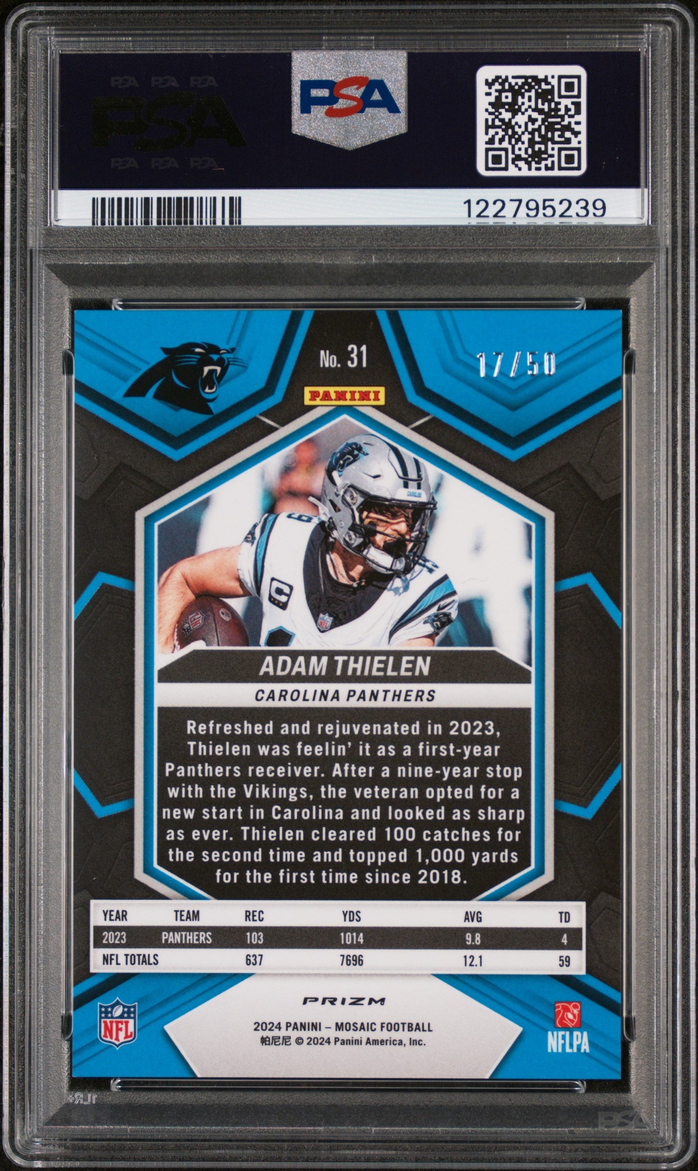 2024 Panini Mosaic Purple No Huddle Adam Thielen #31 /50 PSA 8