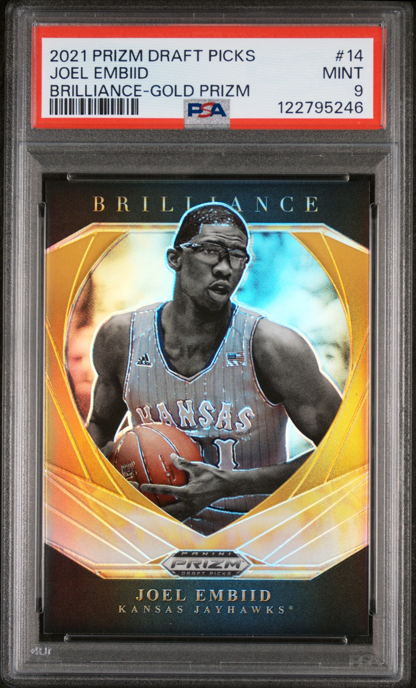 2021 Panini Prizm Draft Picks Brilliance Gold Prizm Joel Embiid #14 /10 PSA 9