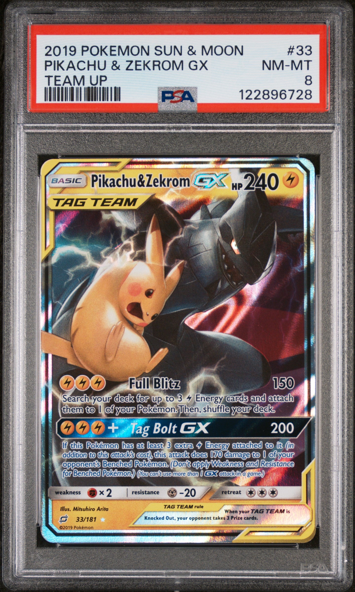 2019 Pokemon Sun & Moon Team Up Tag Team GX Pikachu & Zekrom #33/181 PSA 8