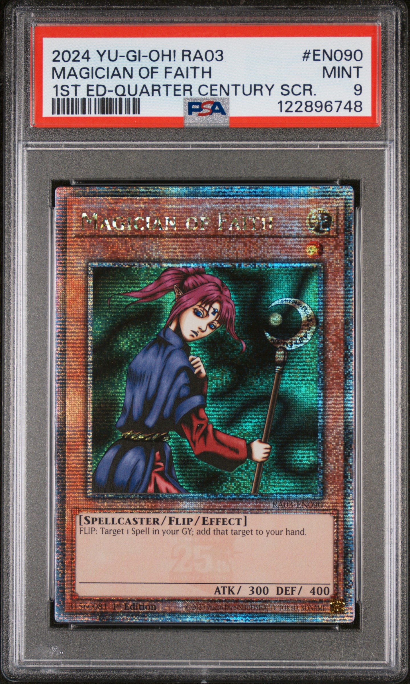 2024 Yu-Gi-Oh! RA03 Quarter Century SCR Magician of Faith #EN090 1st Ed PSA 9