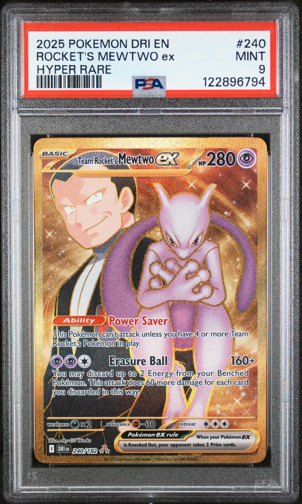 2025 Pokemon DRI EN #240 Rocket's Mewtwo ex Hyper Rare PSA 9
