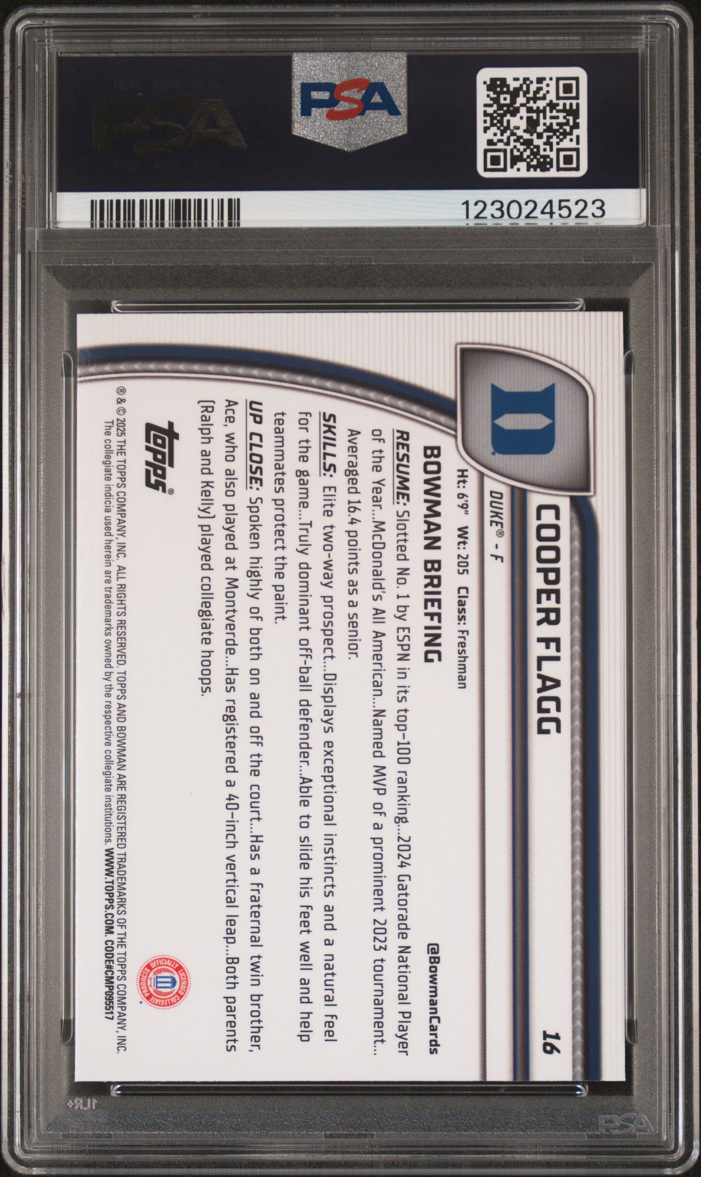 2024 Bowman Chrome U Green Shimmer Cooper Flagg #16 1st Bowman PSA 9