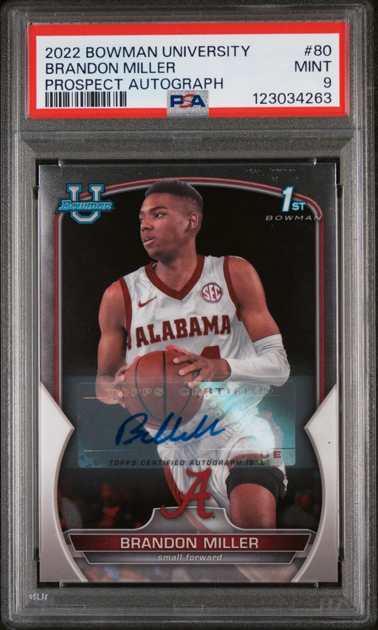 2022 Bowman University Prospect Autograph Brandon Miller #80 PSA 9