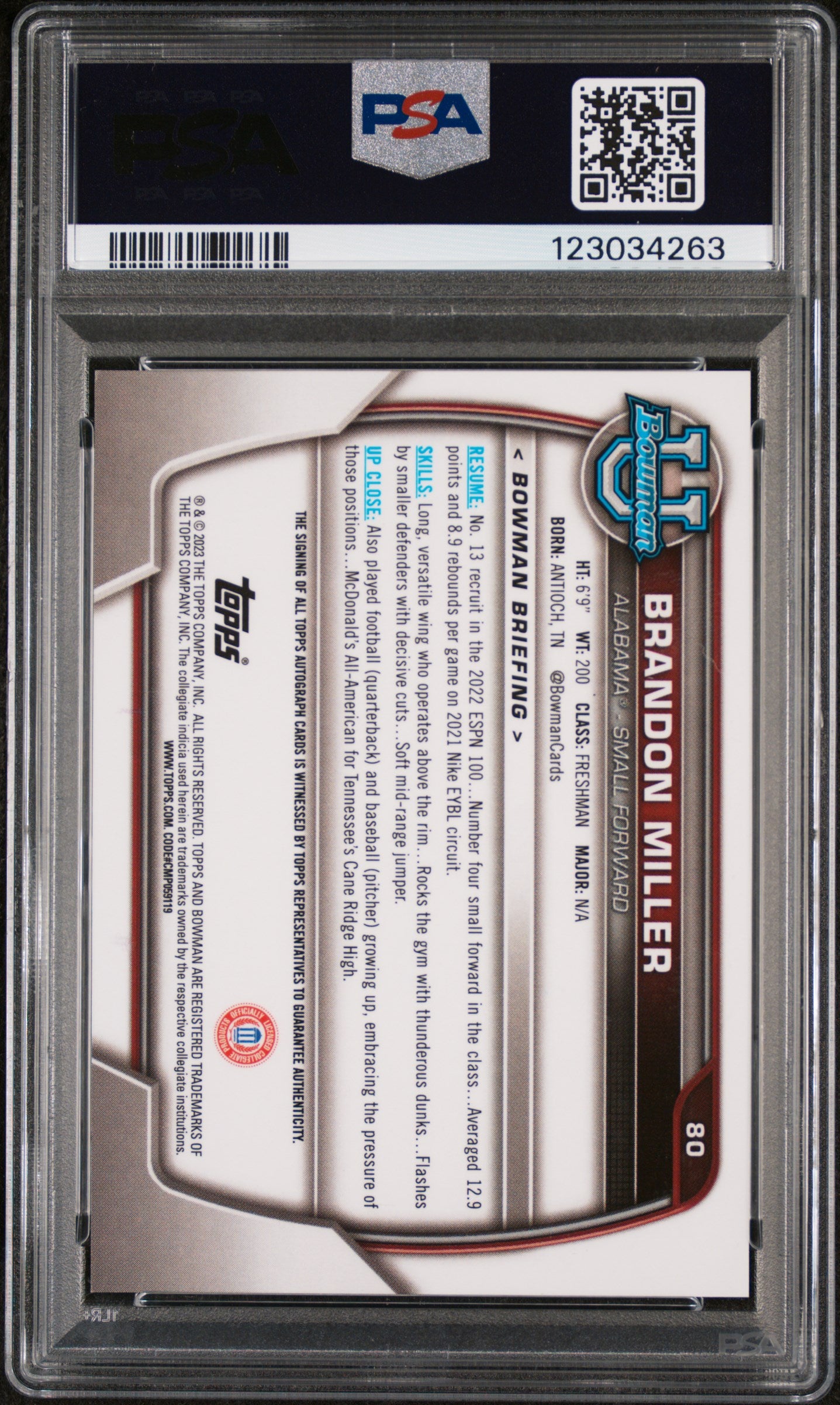 2022 Bowman University Prospect Autograph Brandon Miller #80 PSA 9
