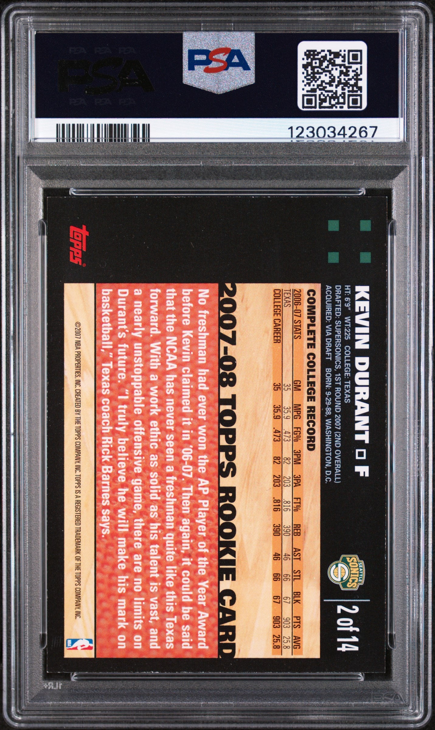 2007 Topps Rookie Card Orange Kevin Durant #2 /14 PSA 8