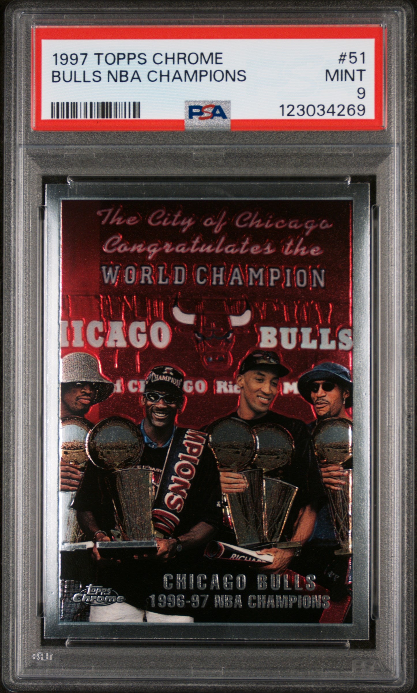 1997 Topps Chrome Checklist Chicago Bulls NBA Champions #51 PSA 9
