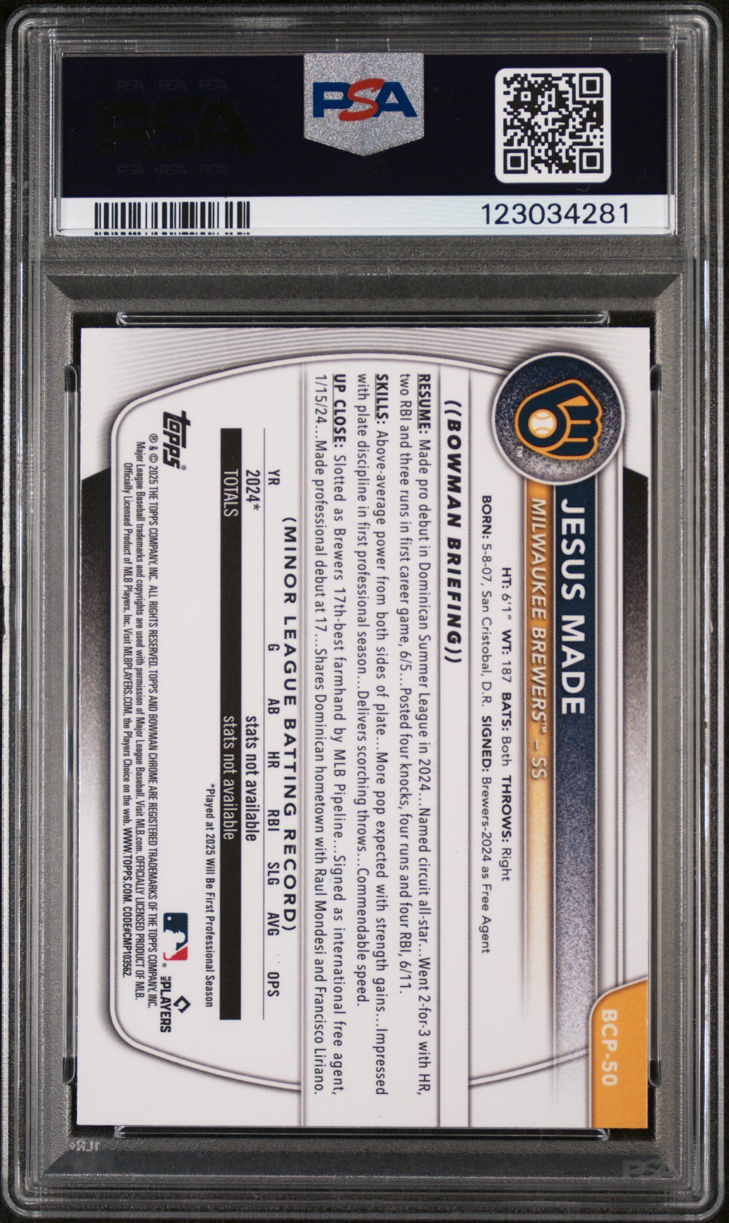 2025 Bowman Chrome Mega Box Prospect Jesus Made #BCP-50 PSA 9